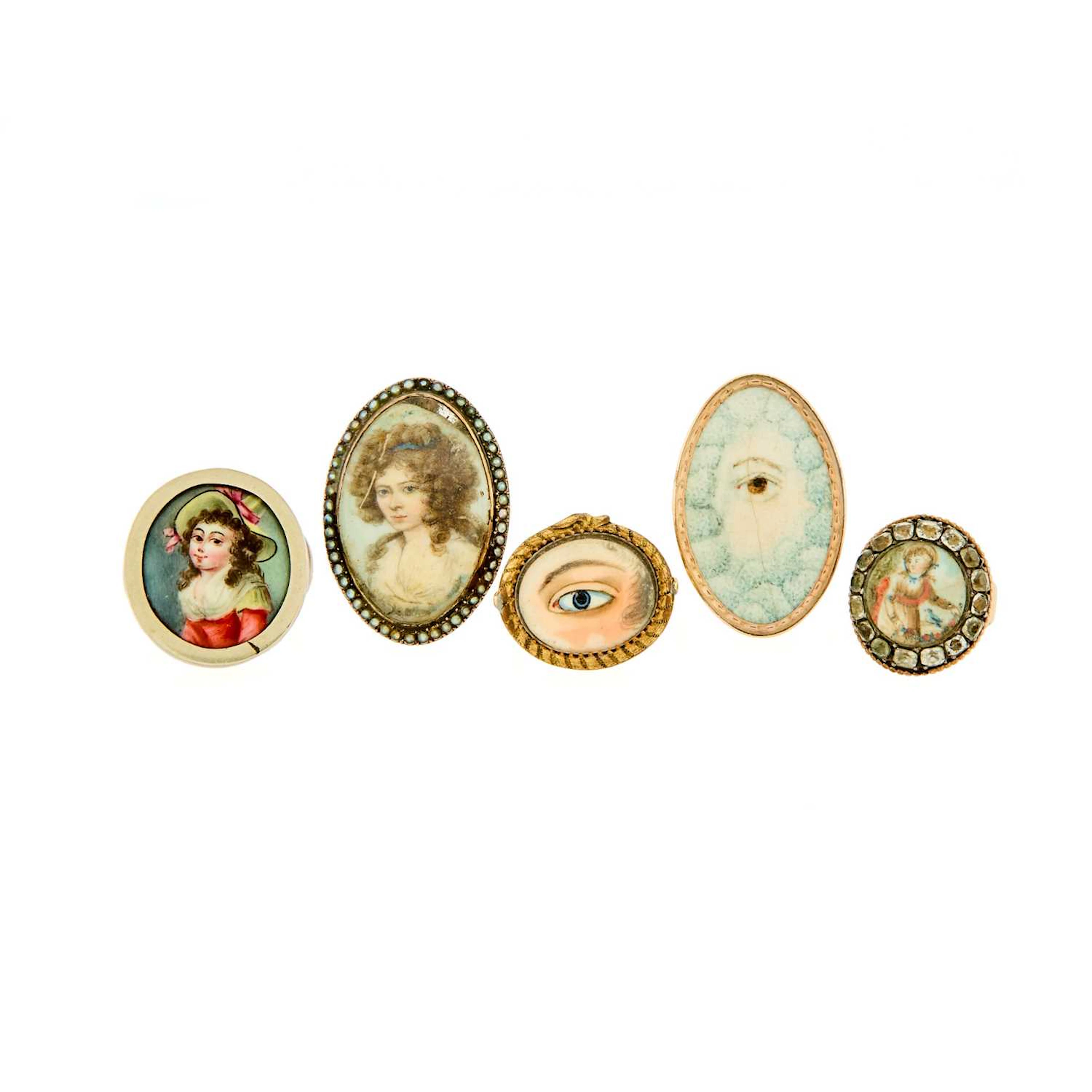 Group of Gold, Metal and Portrait Miniature and Lover's Eye Rings