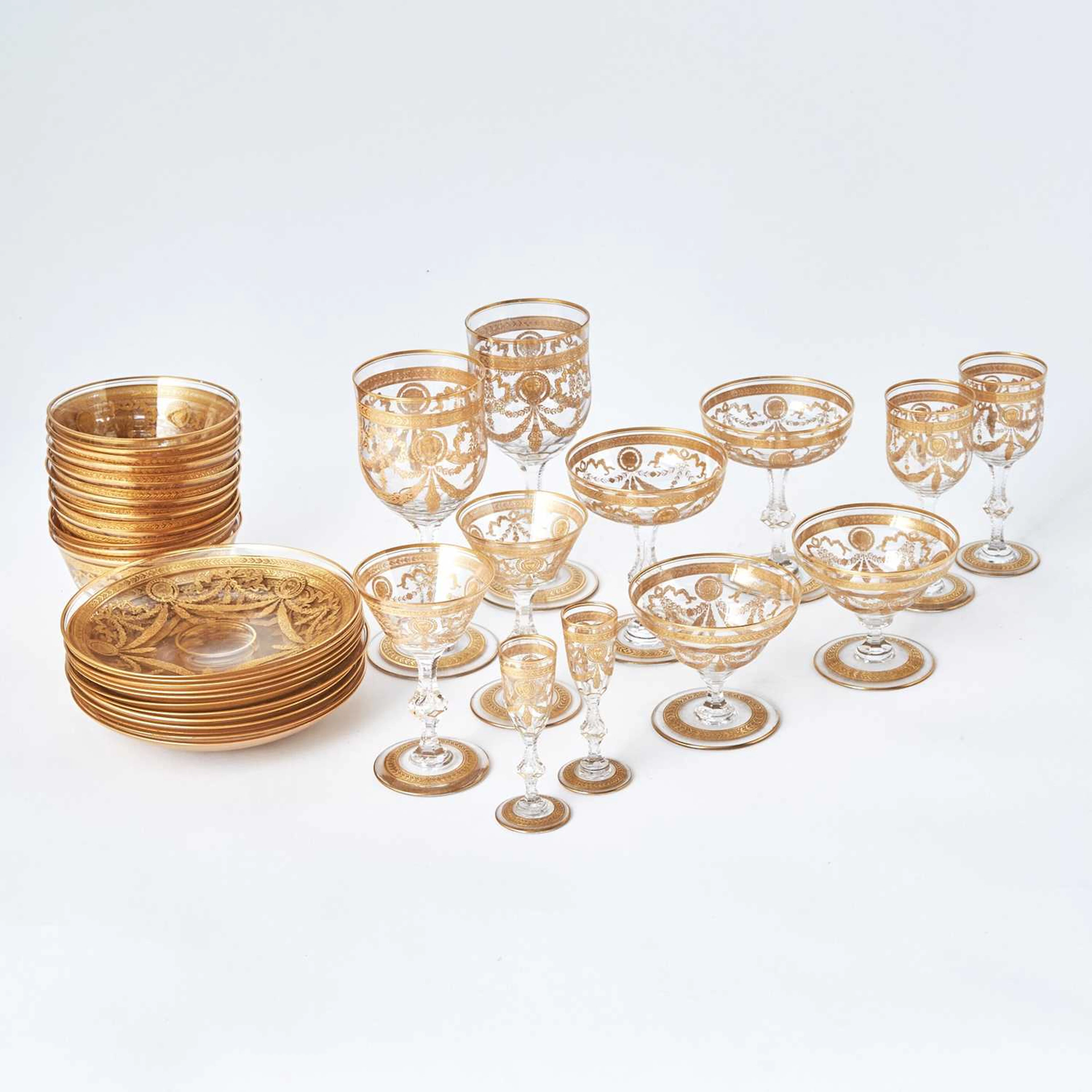Blown, Cut and Gilt Decorated Stemware and Partial Dessert Service