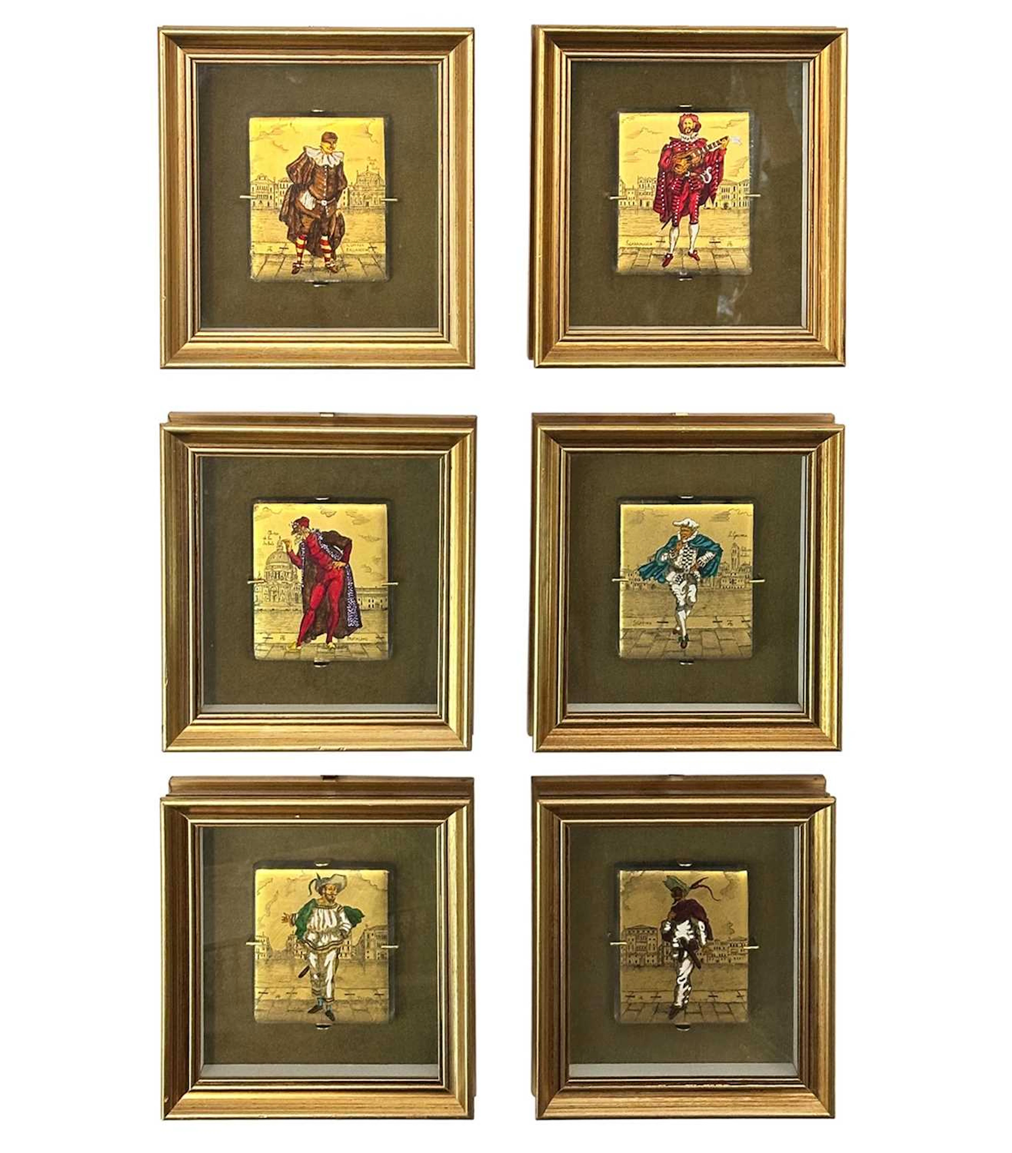 Set of Six Gilt and Painted Murano Glass Tiles