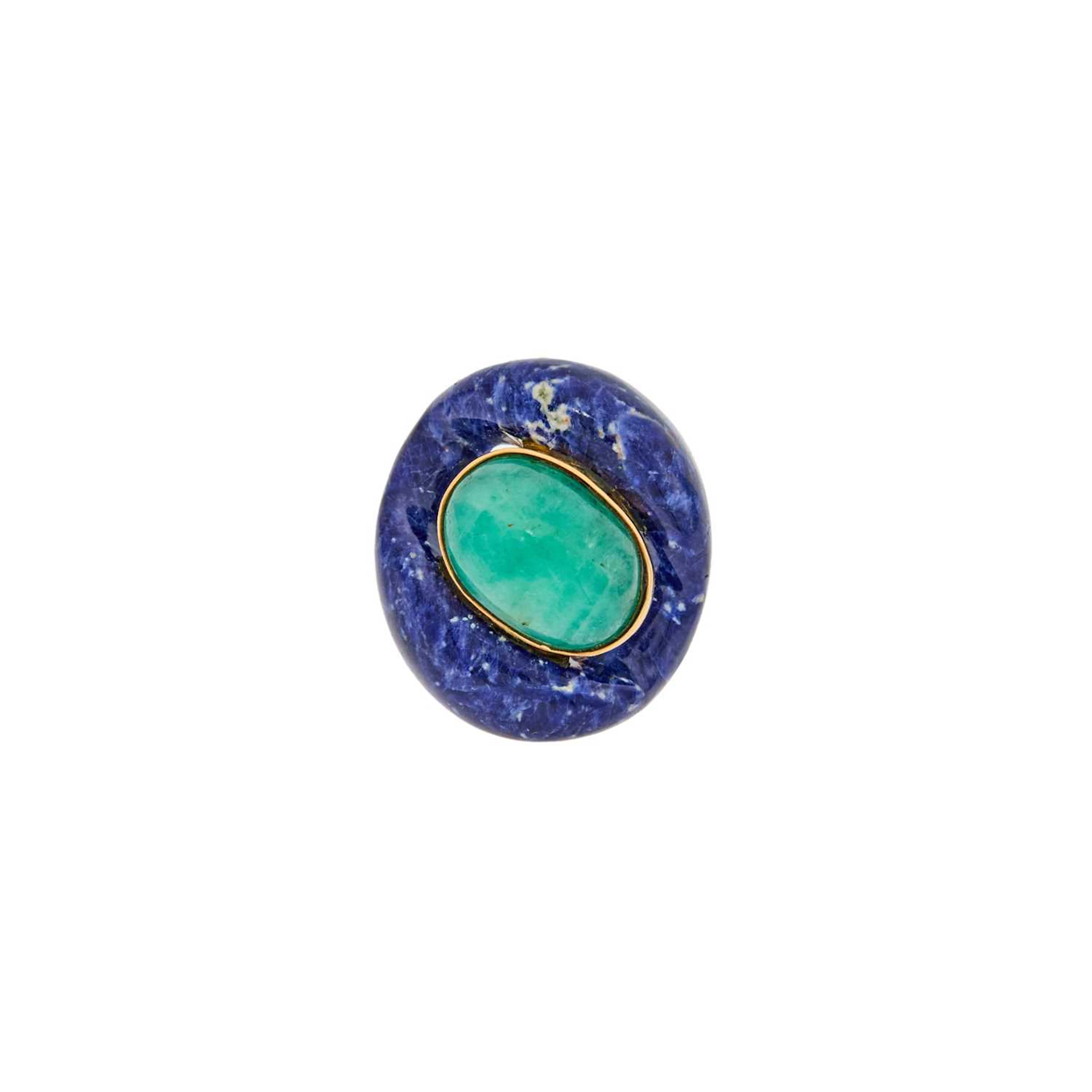 Gold, Gilt-Metal, Carved Sodalite and Jade Ring