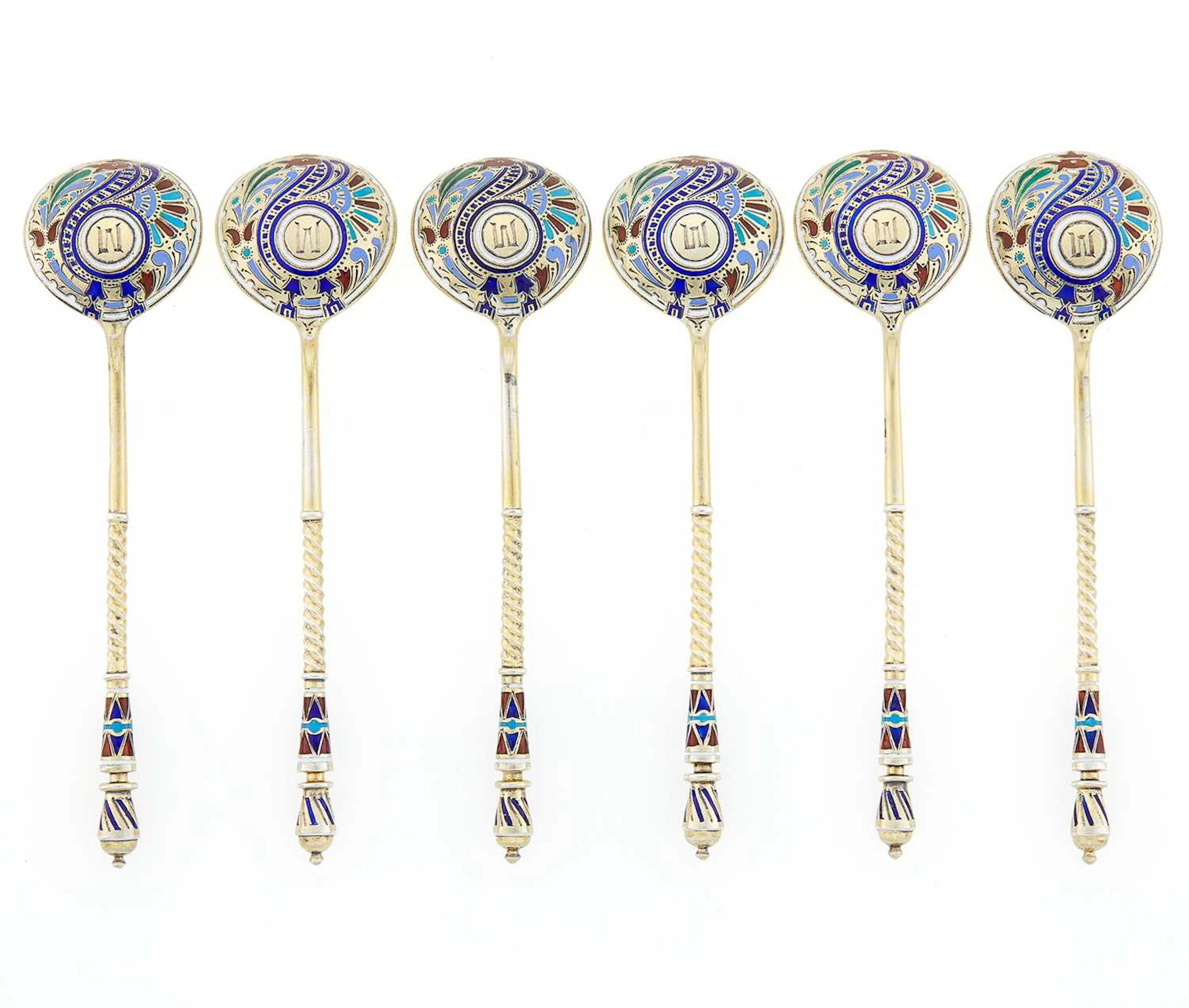 Set of Six Russian Silver and Champlevé Enamel Teaspoons