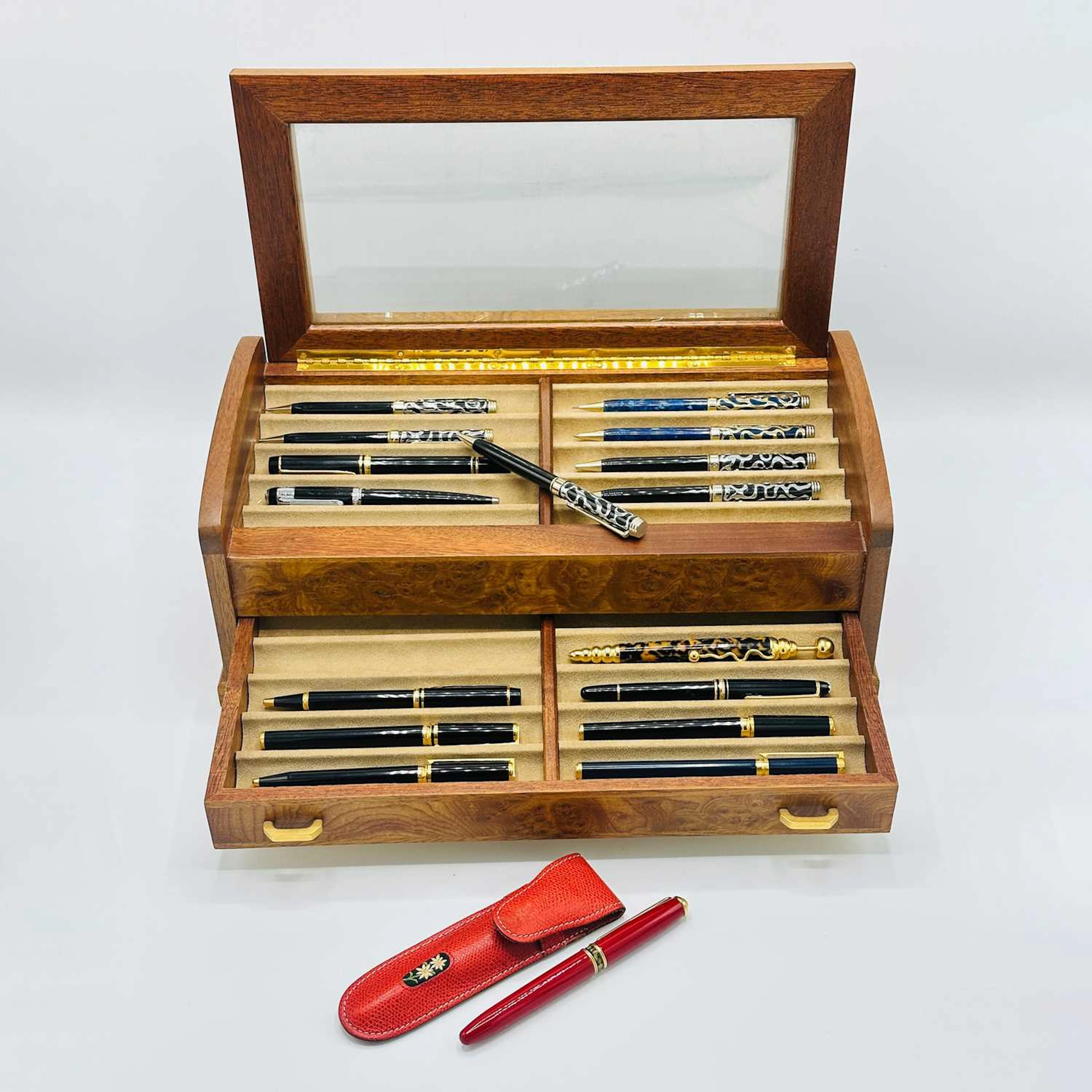 Group of Writing Instruments in an Angresti Burlwood and Walnut Fitted
