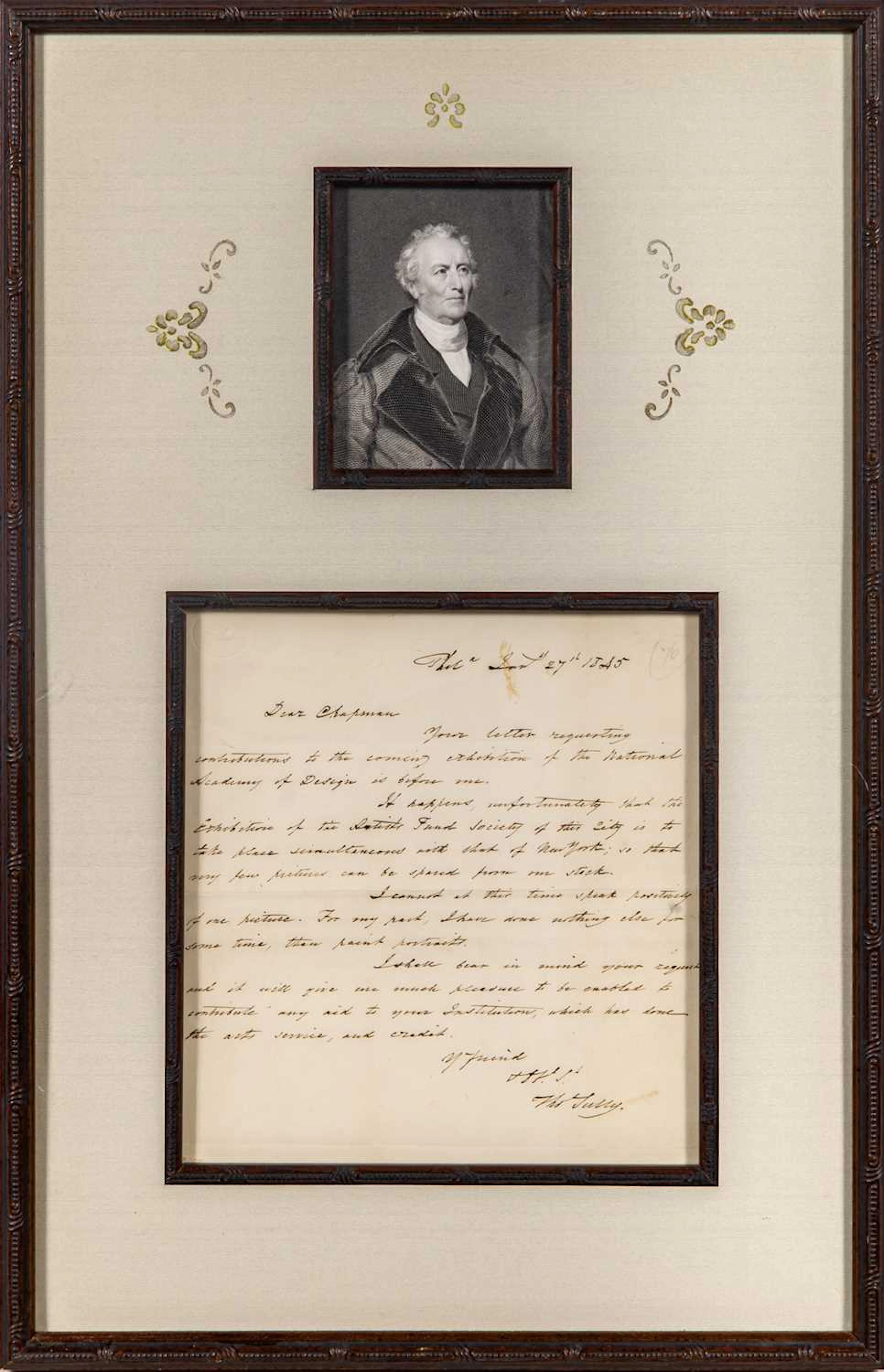 An autograph letter from the great Philadelphia painter Thomas Sully