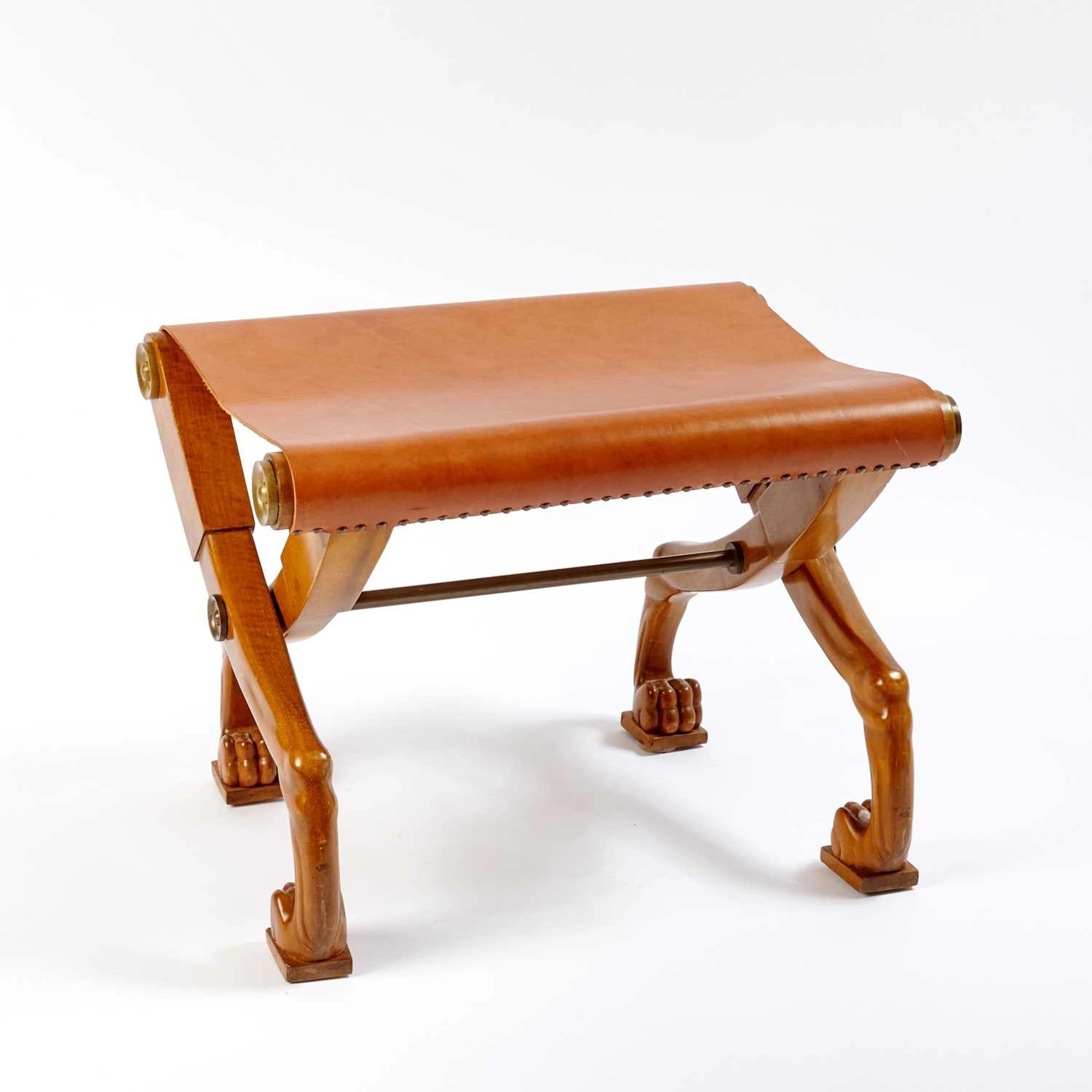 T.H. Robsjohn-Gibbings Walnut, Leather and Brass "Diphros" Cross-Leg Stool