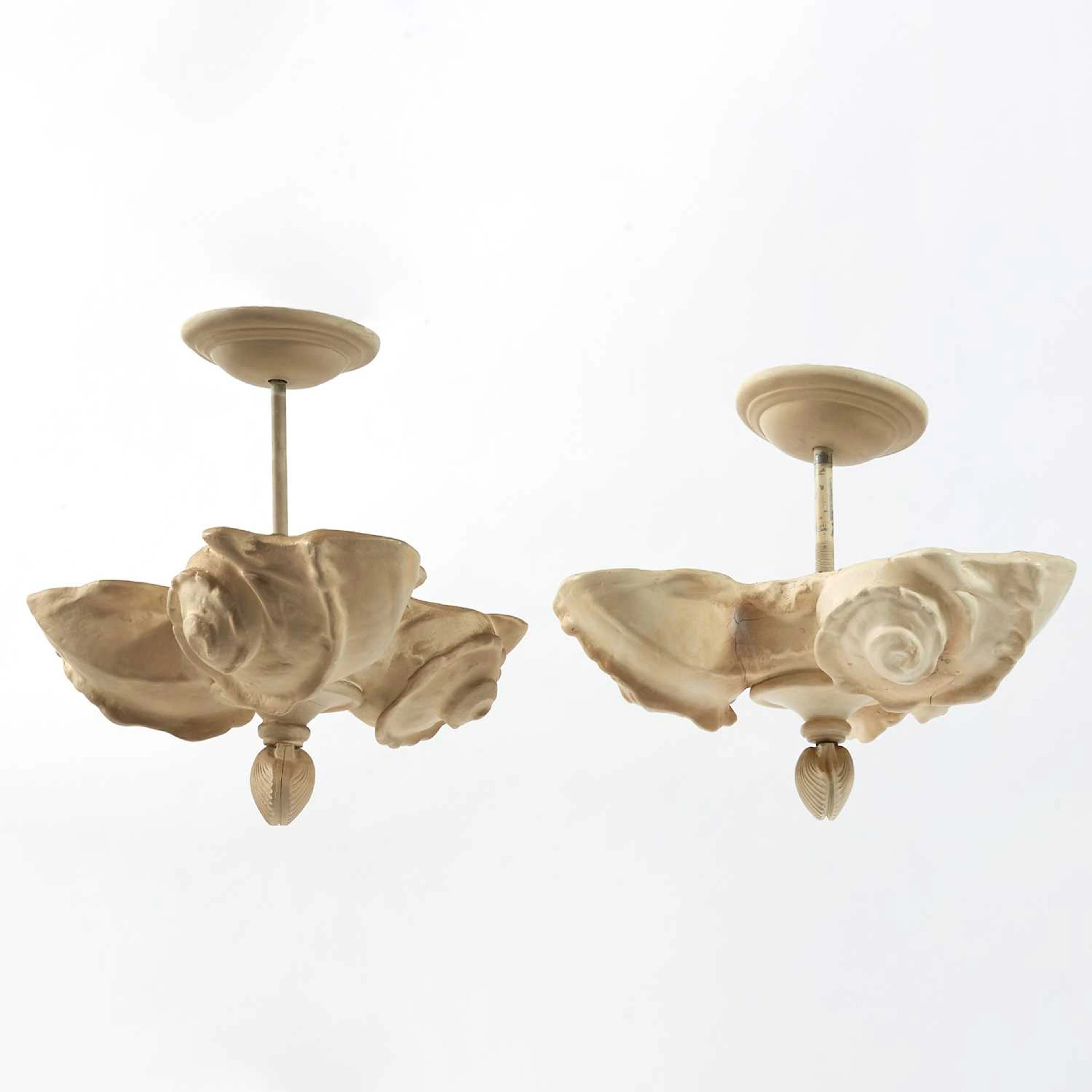 Pair of Frances Elkins Style Plaster Shell-Form Three-Light Chandeliers