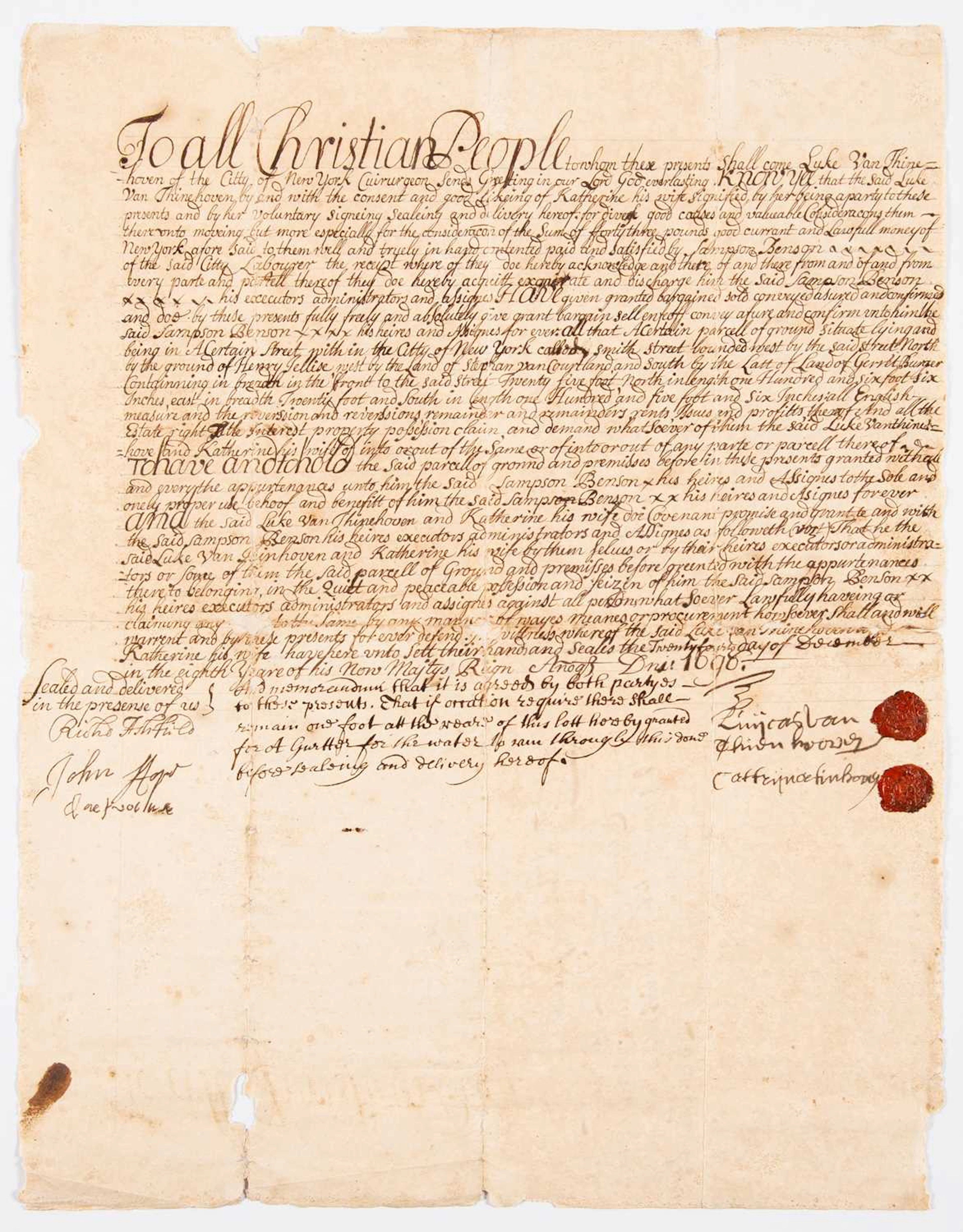 A New York City manuscript deed, 1696