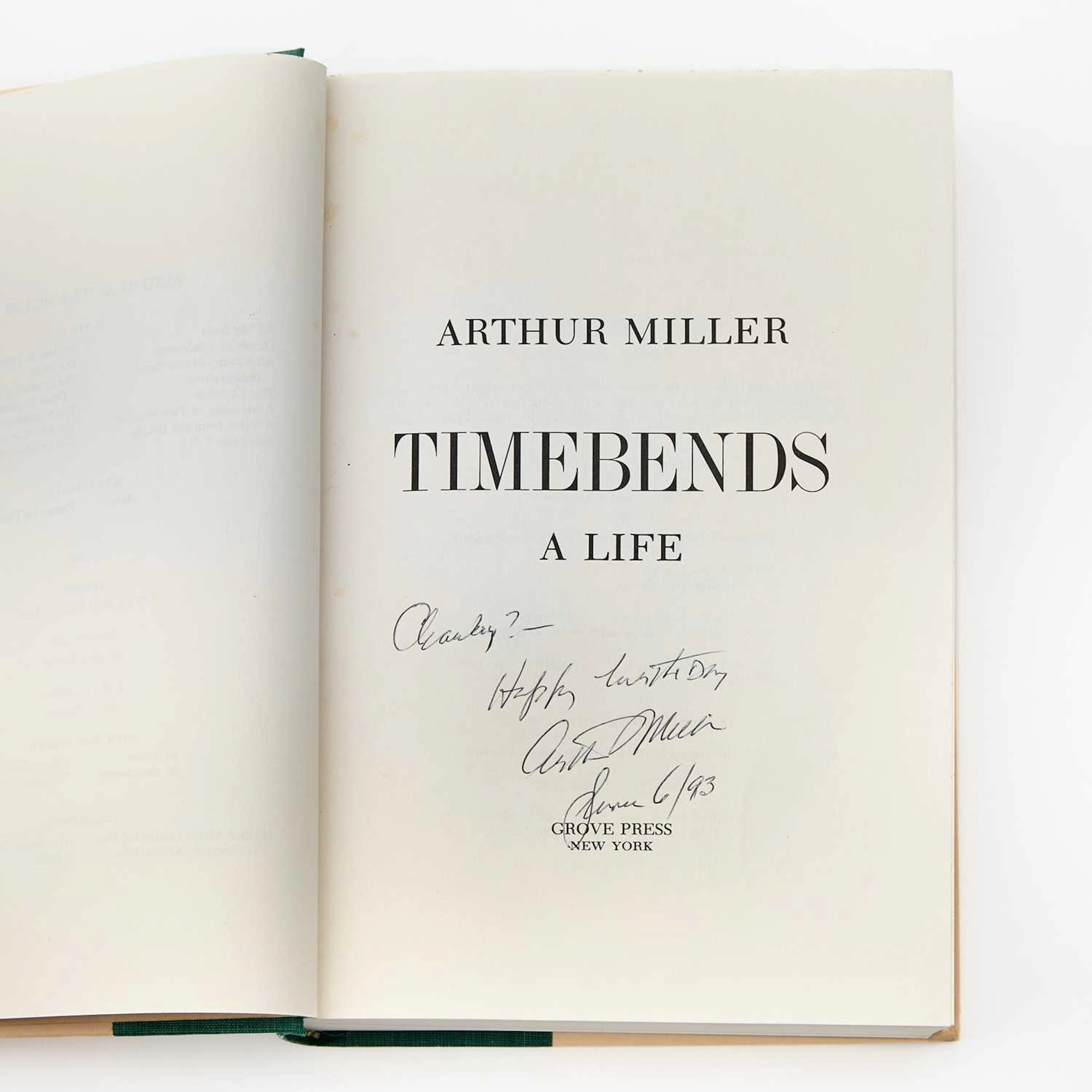 Arthur Miller's autobiography inscribed to Charles Strouse