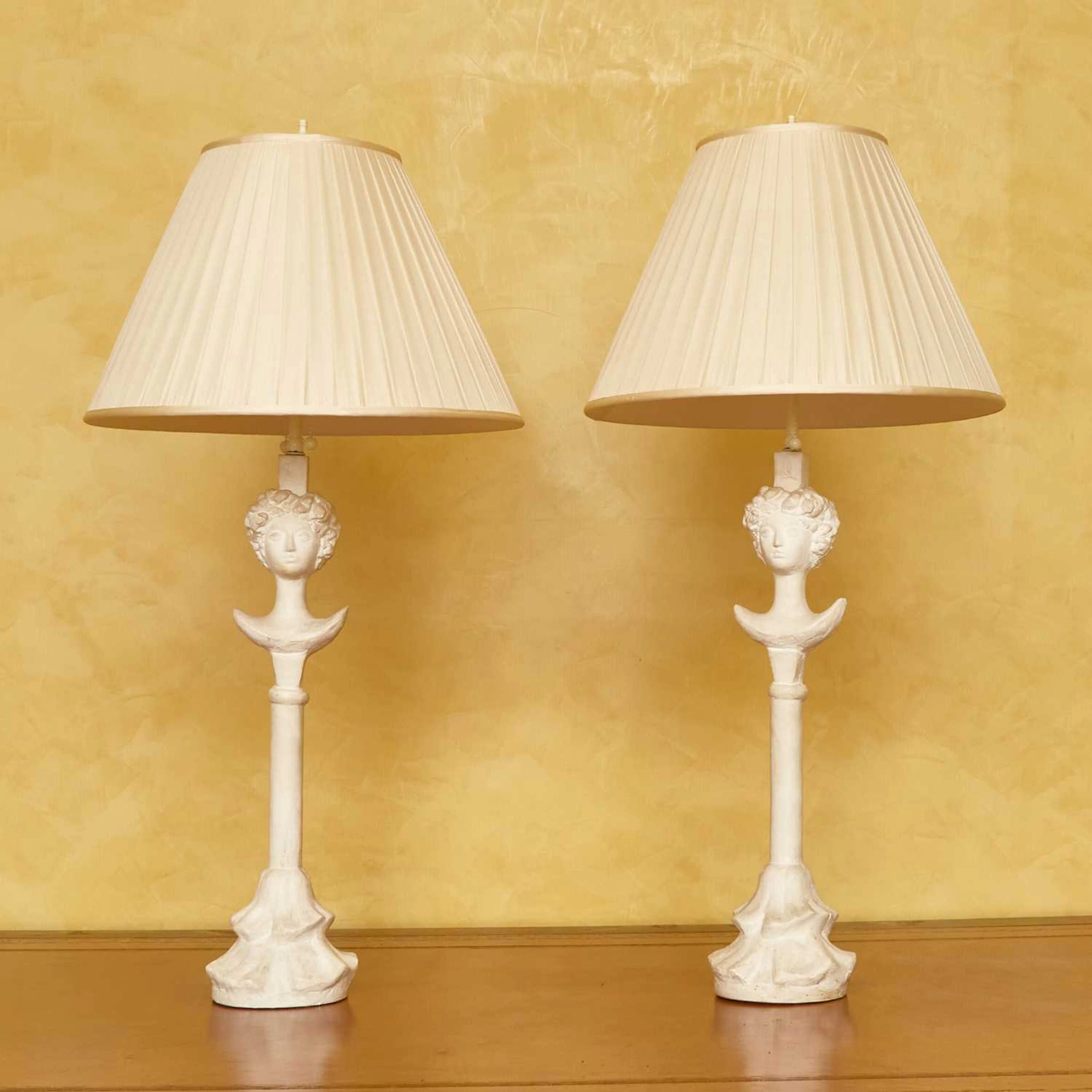 Pair of “Tête de Femme” Style Plaster Lamps