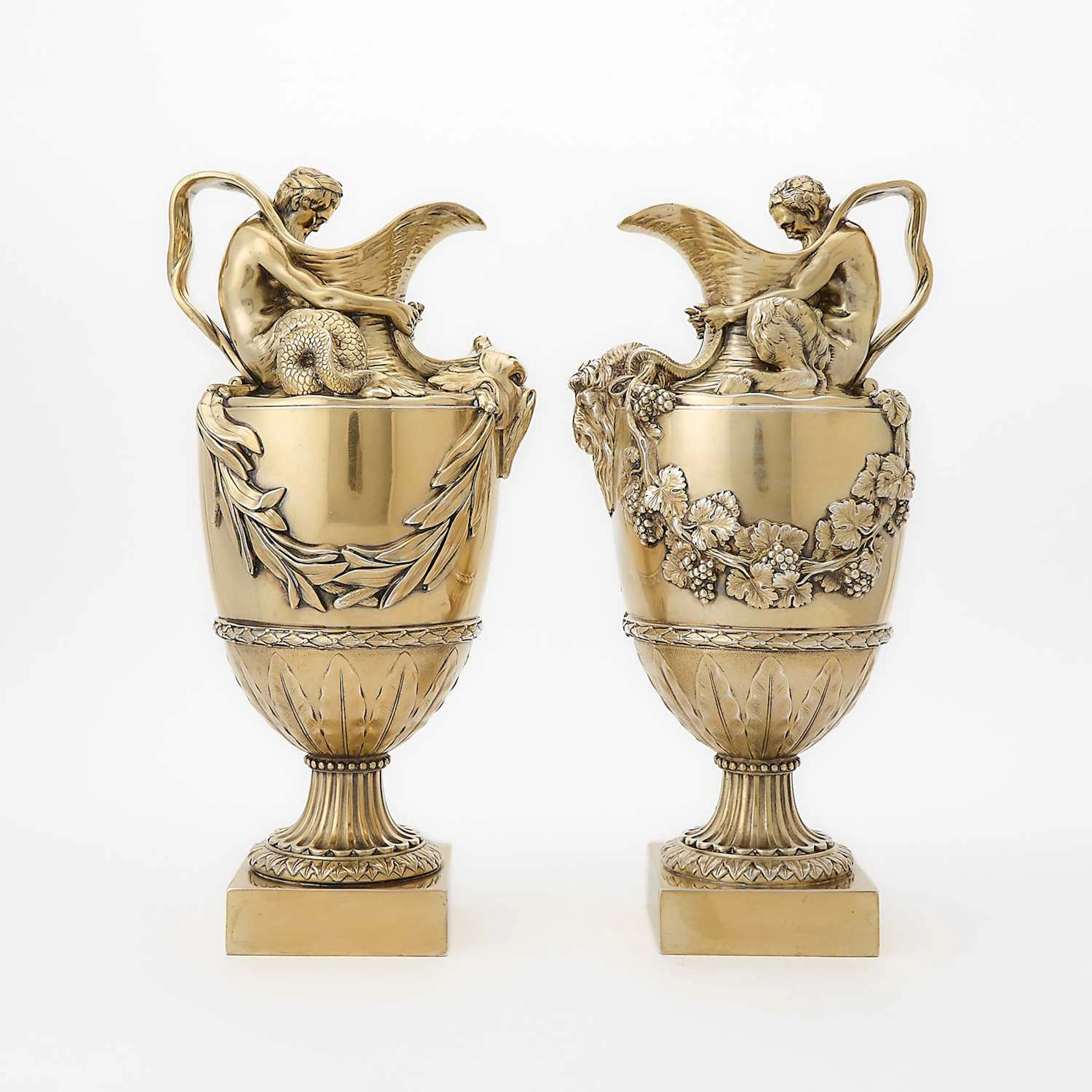 Pair George V Sterling Silver-Gilt Wine and Water Ewers