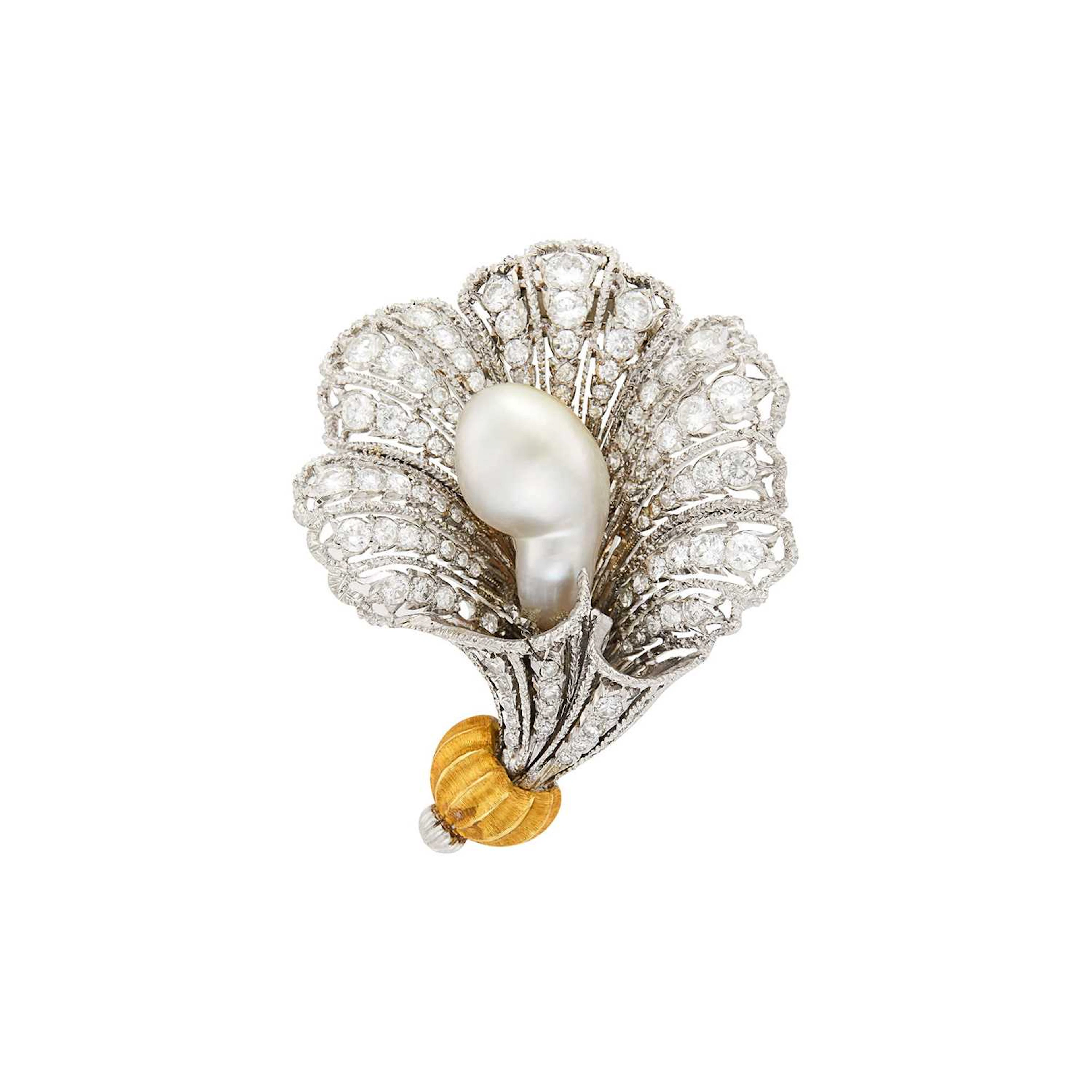 Buccellati Two-Color Gold, Baroque Cultured Pearl and Diamond Flower Clip