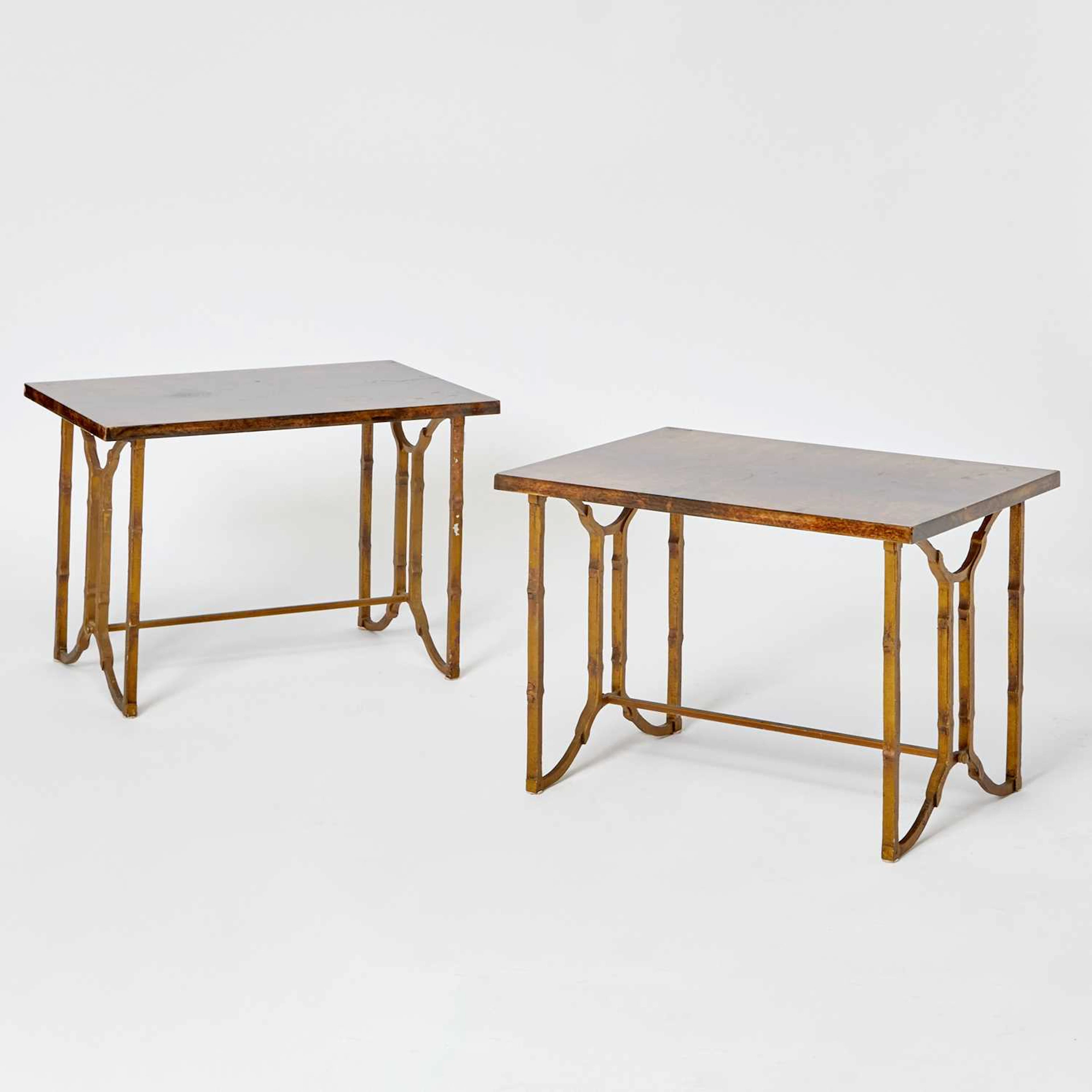 Pair of Aldo Tura Lacquered Goatskin and Patinated Metal Side Tables