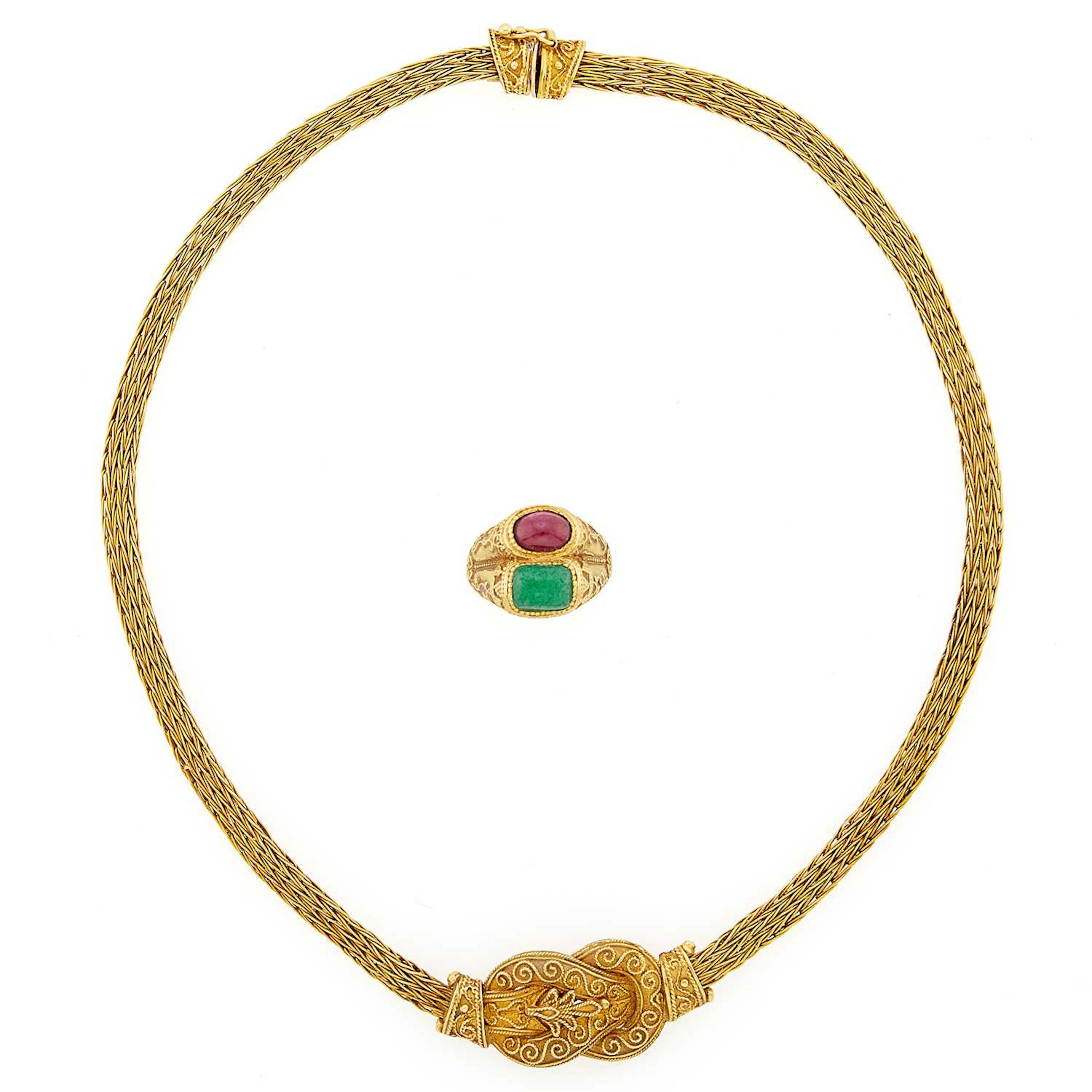 Woven Gold Necklace and Cabochon Pink Tourmaline and Aventurine Quartz Ring