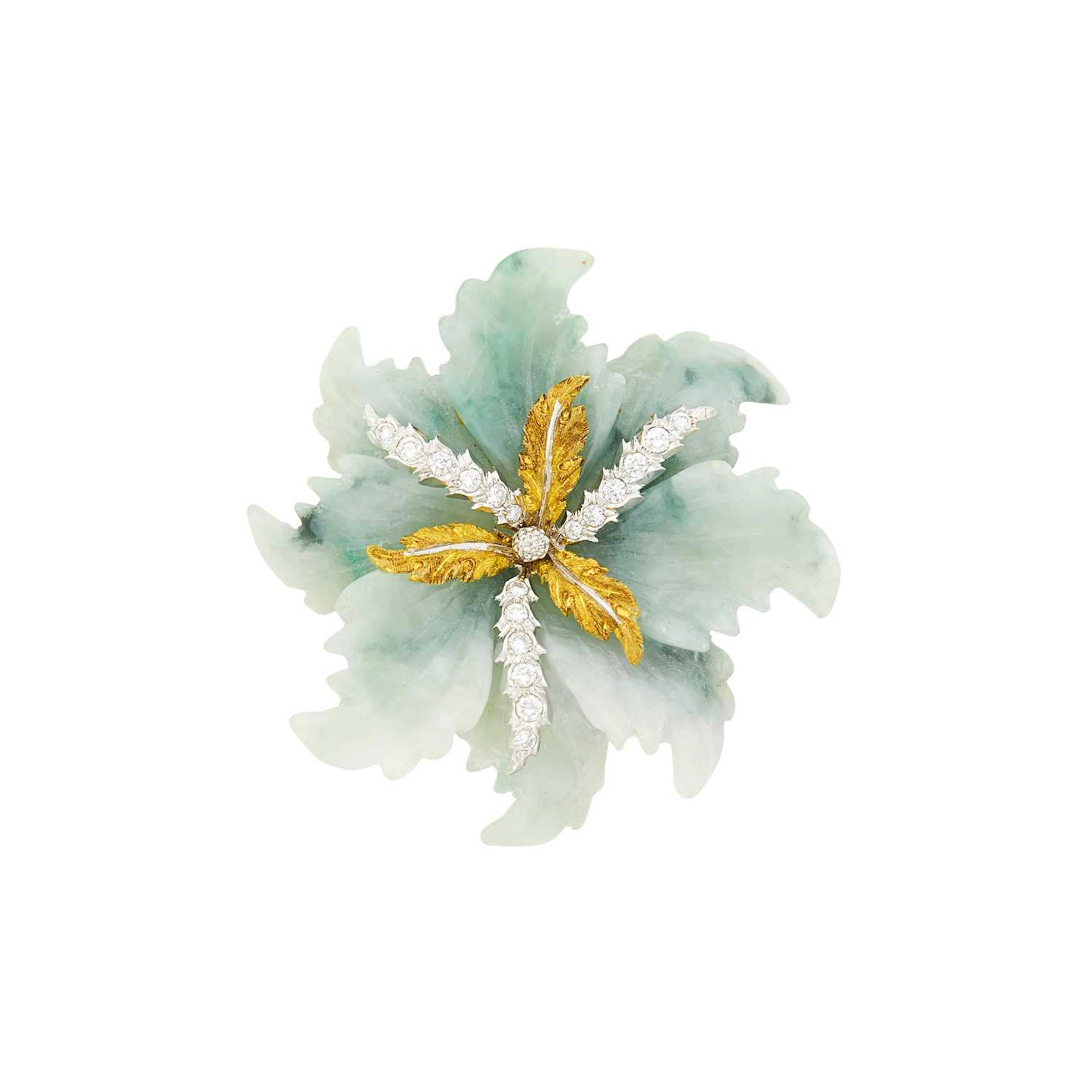 Mario Buccellati Two-Color Gold, Carved Jade and Diamond Leaf Clip-Brooch