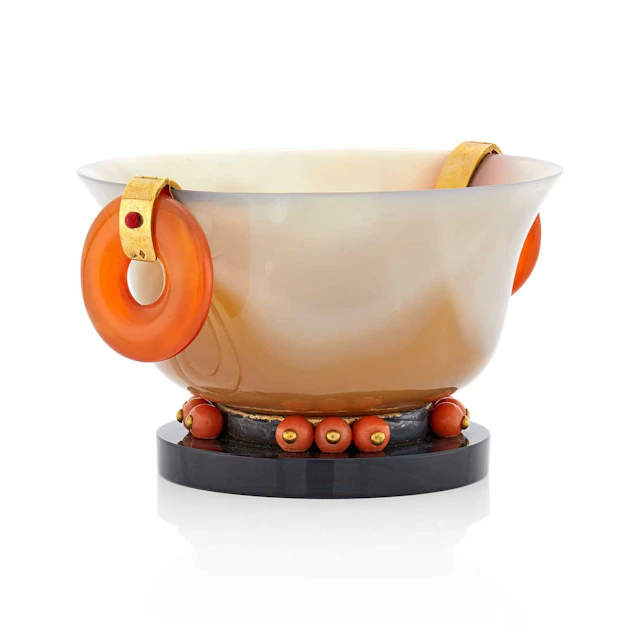 Verger Frères Carved Agate, Carnelian, Coral, Black Onyx, Red Enamel