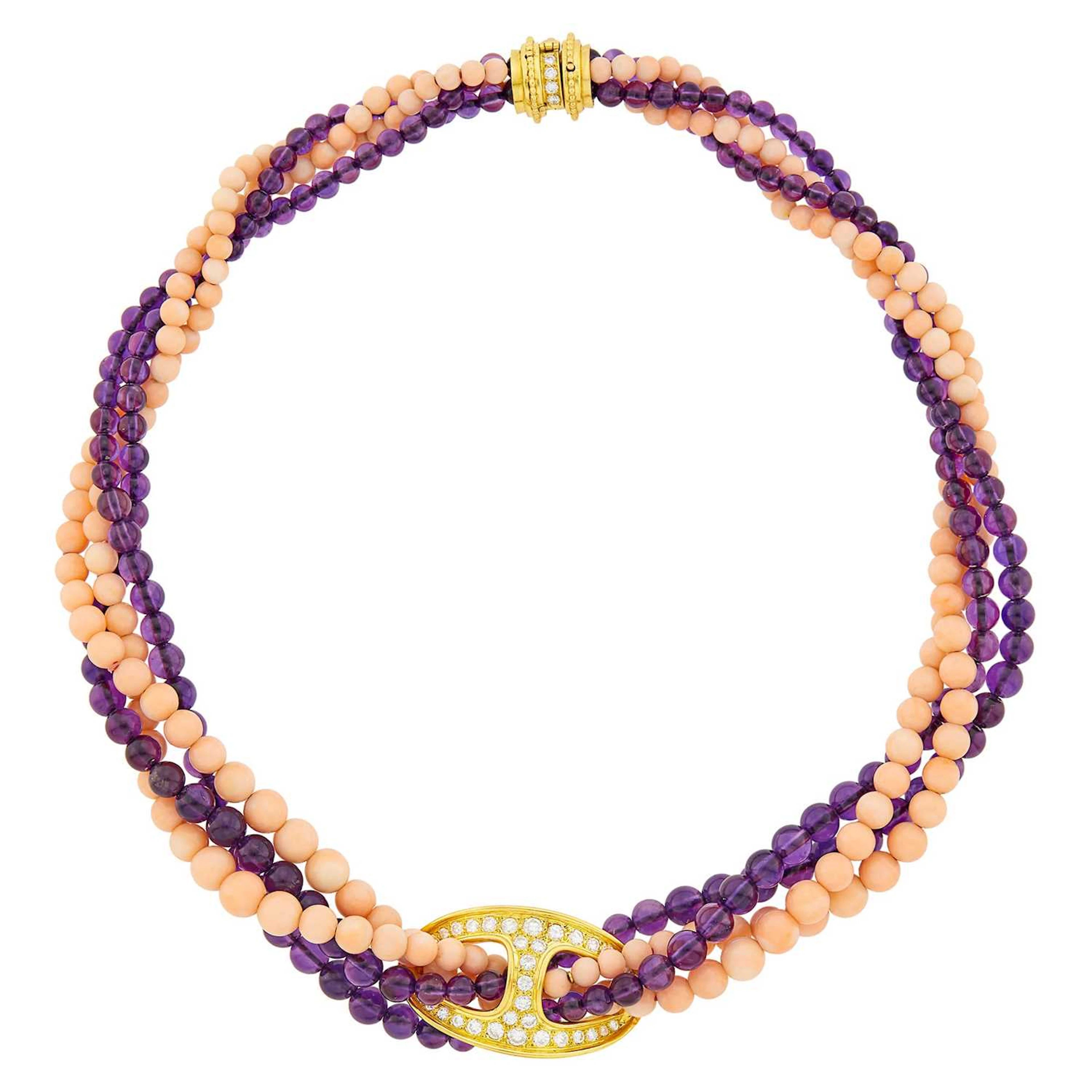 Cartier Four Strand Amethyst and Angel Skin Coral Bead, Gold and Diamond