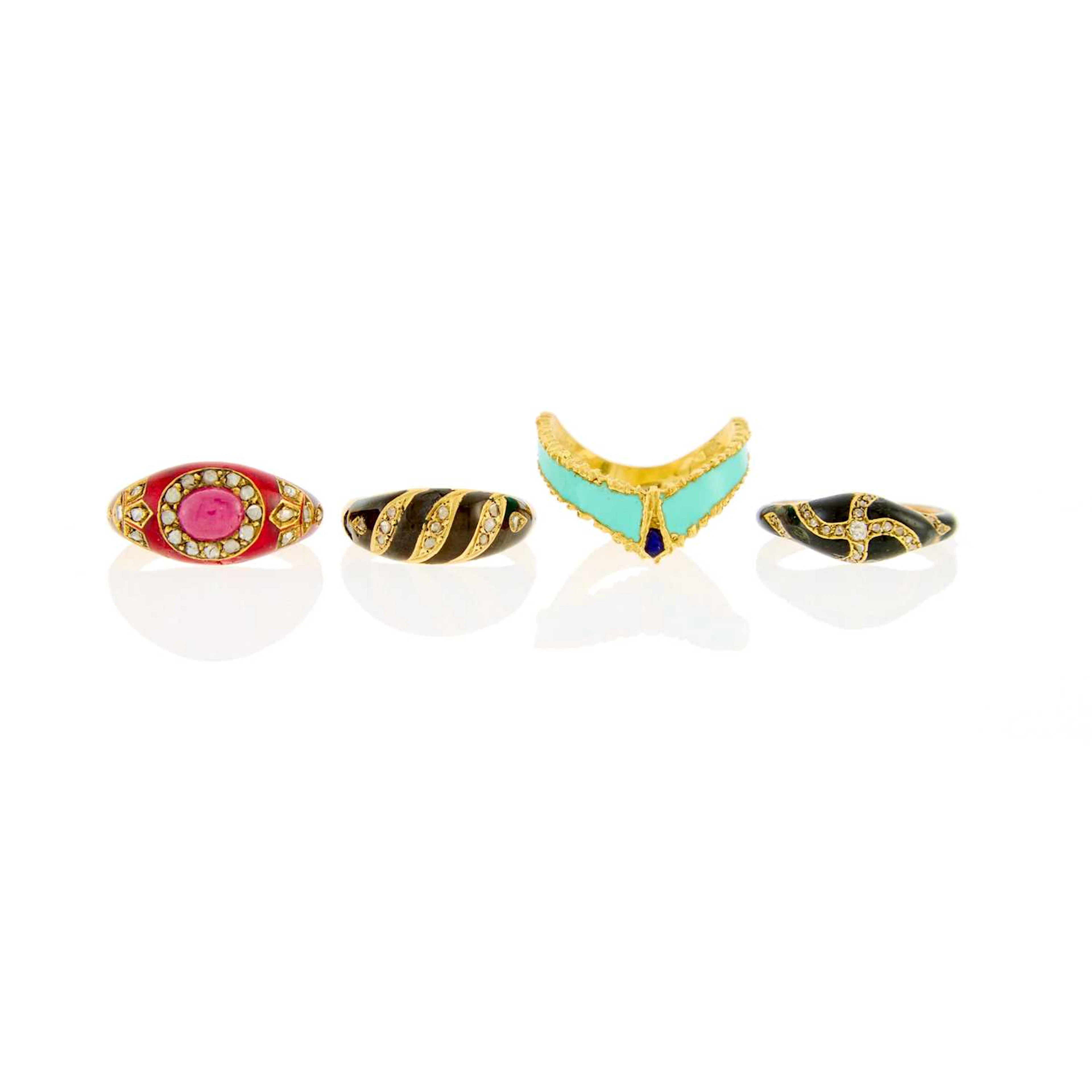 Group of Gold, Multicolored Enamel and Gem-Set Rings