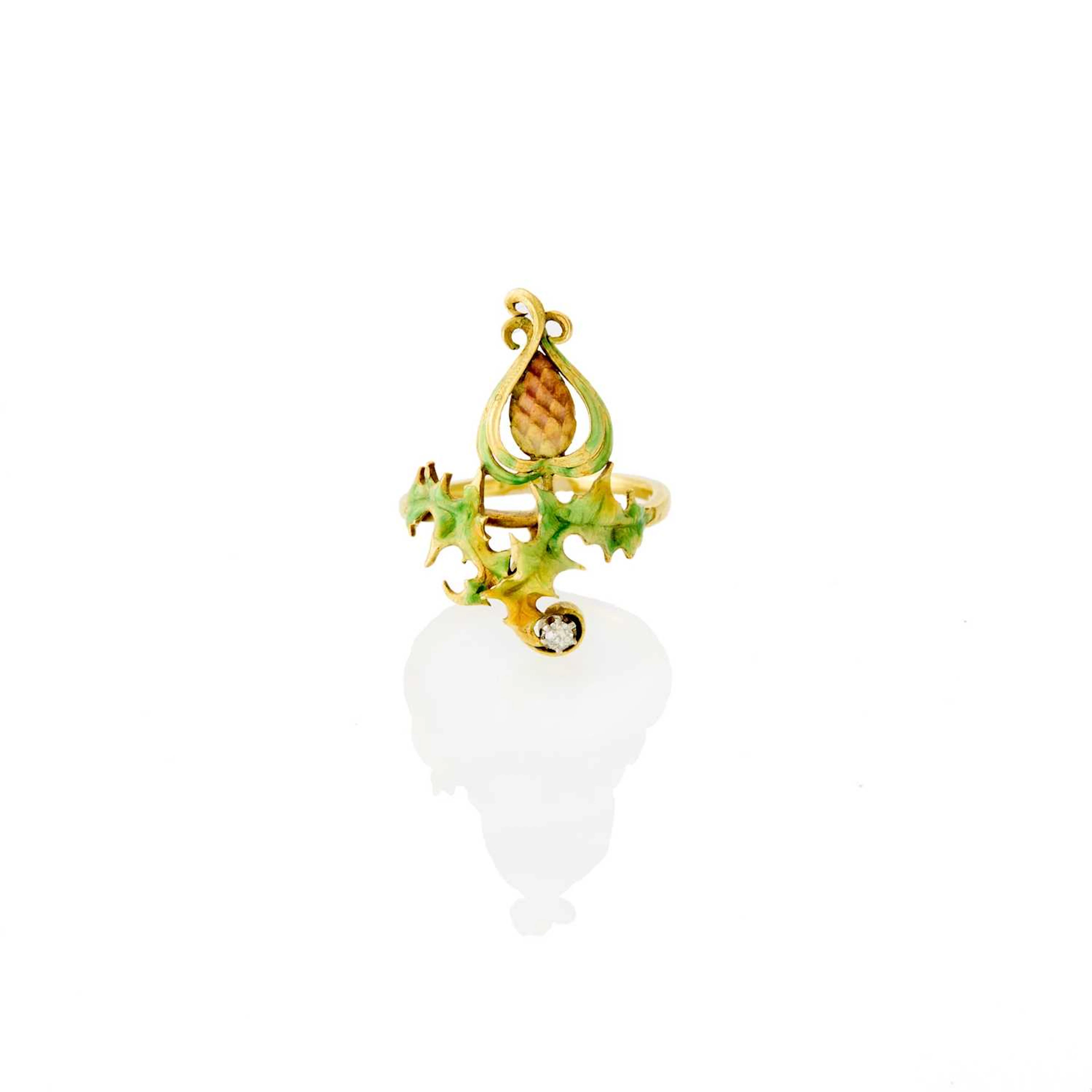 Art Nouveau Gold, Enamel and Diamond Holly Ring, France