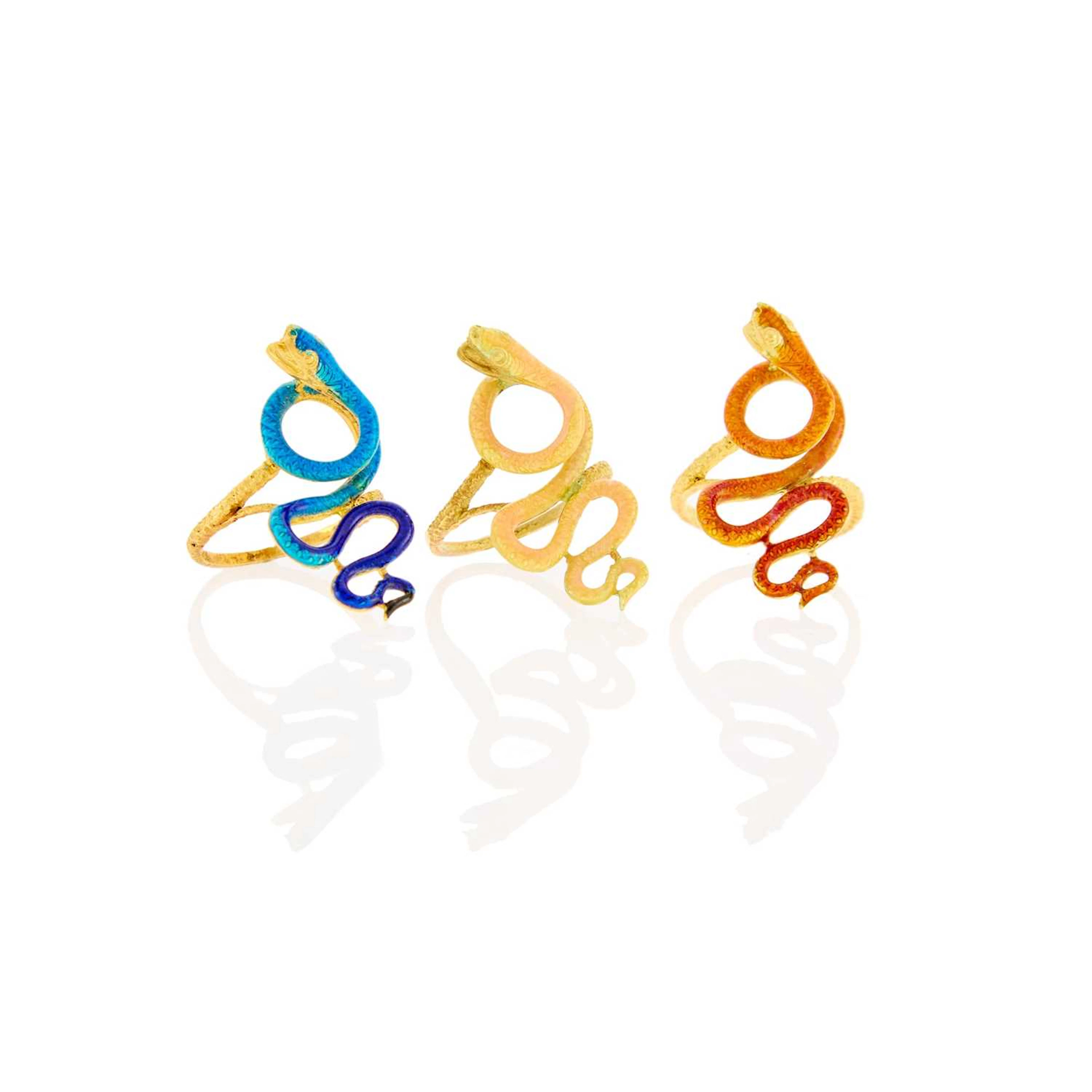 Three Gold and Multicolored Enamel Snake Rings