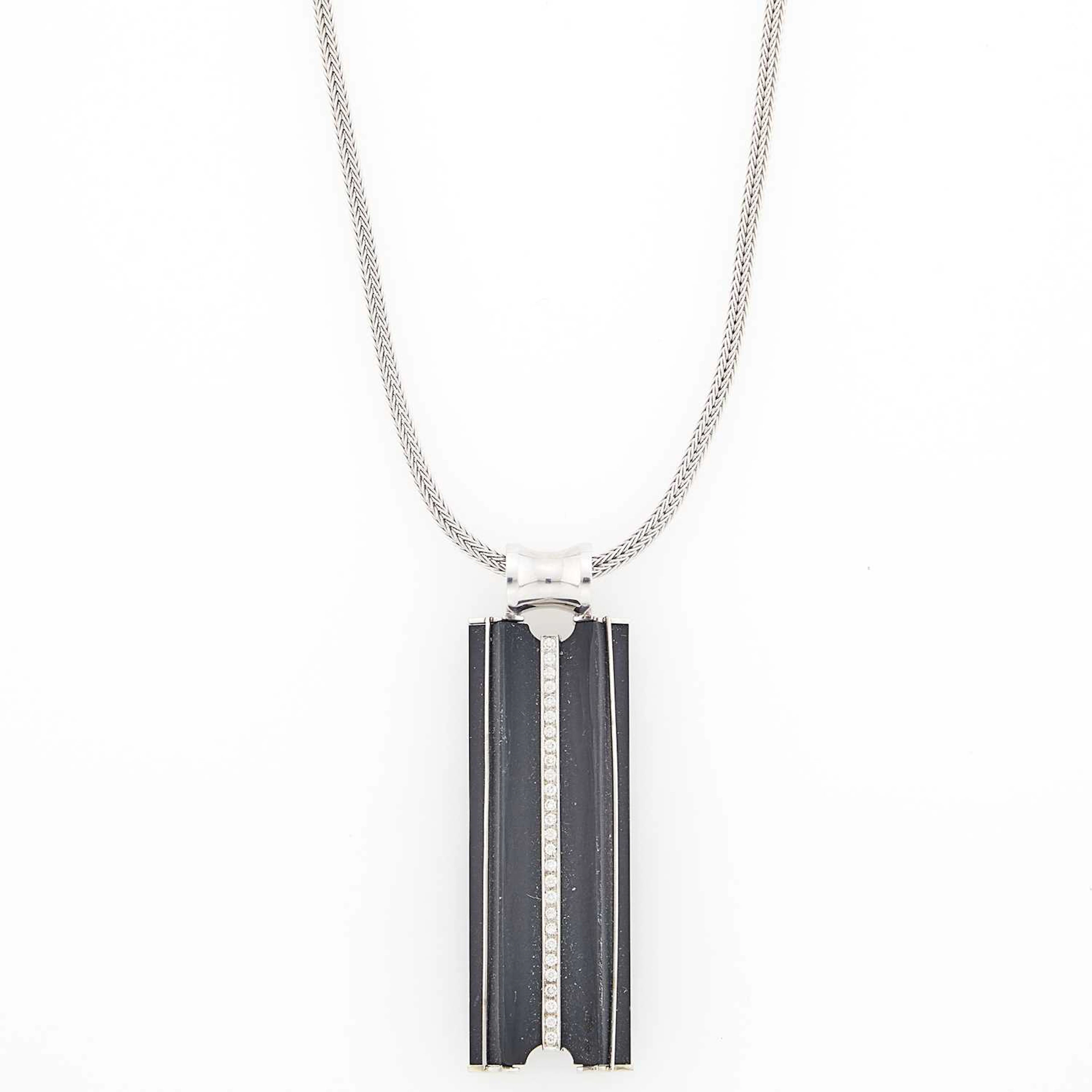White Gold, Obsidian and Diamond Pendant with Chain Necklace