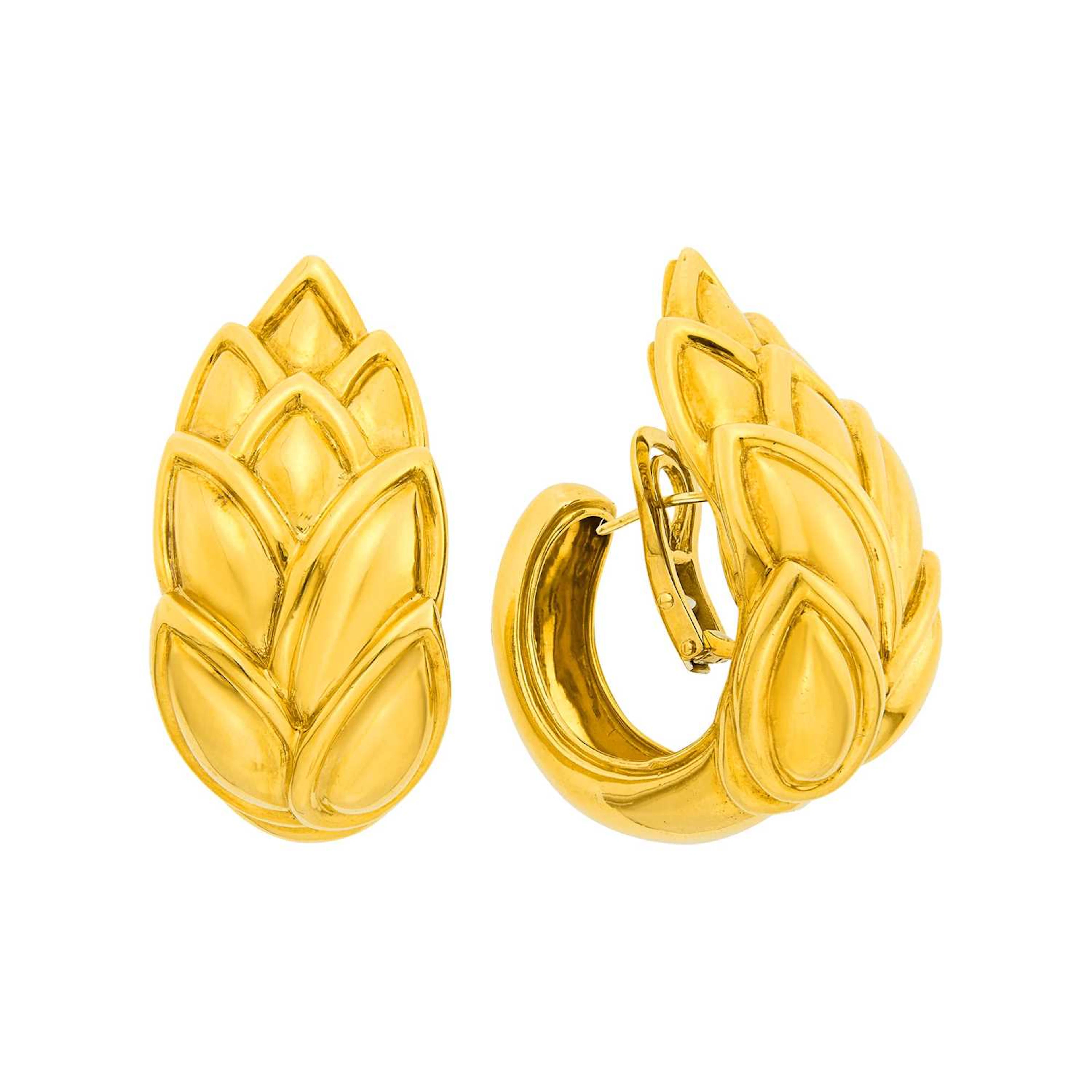 René Boivin Pair of Gold Leaf Hoop Earrings, France