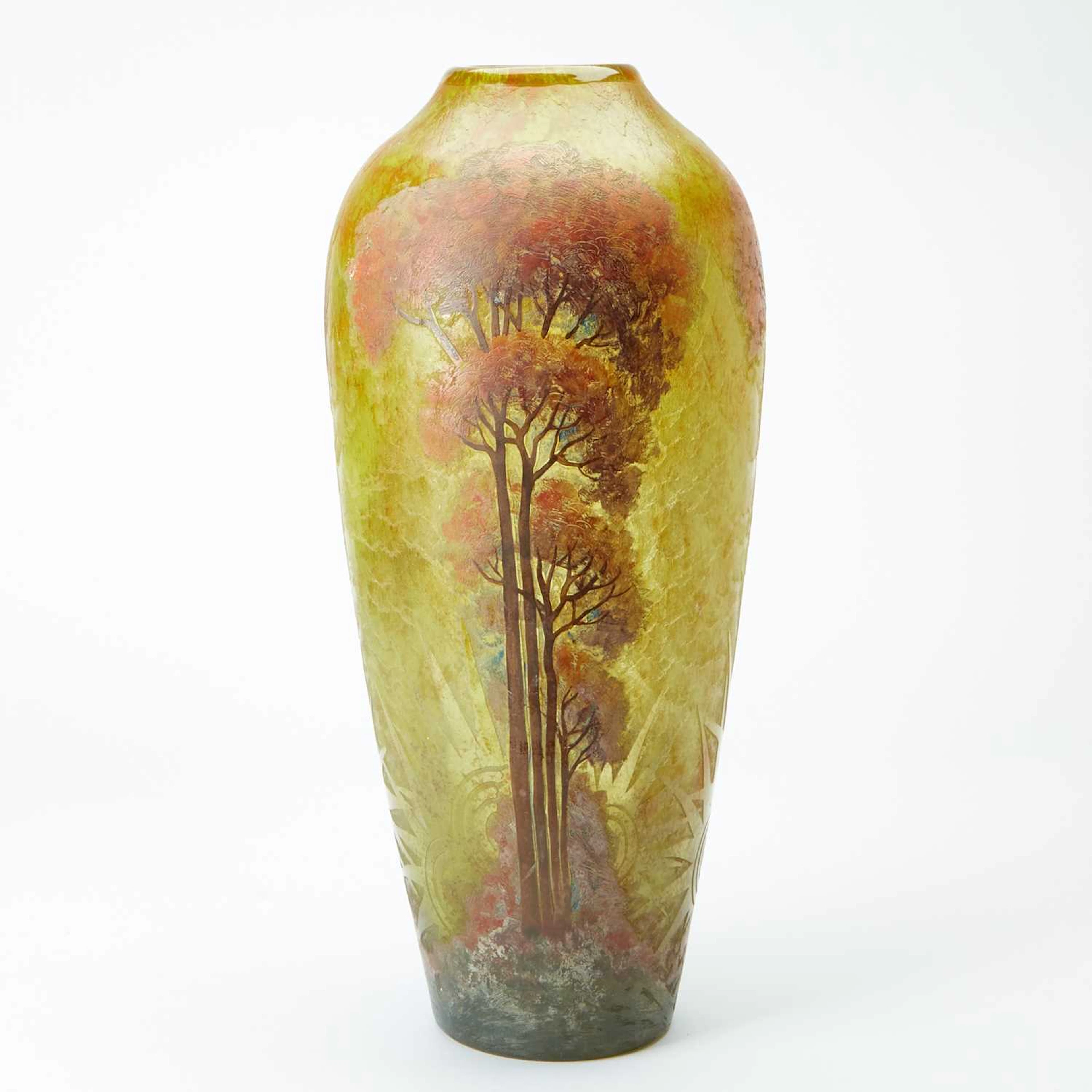Monumental Legras Acid-Etched and Enameled Glass scenic Landscape Vase