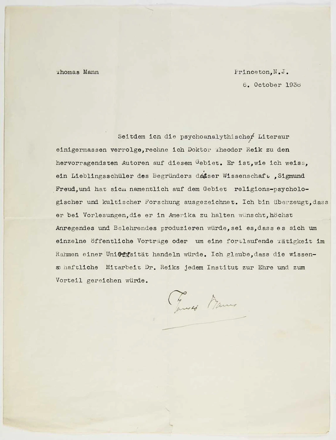 Thomas Mann writes a testimonial for Theodor Reik, the great psychoanalyst