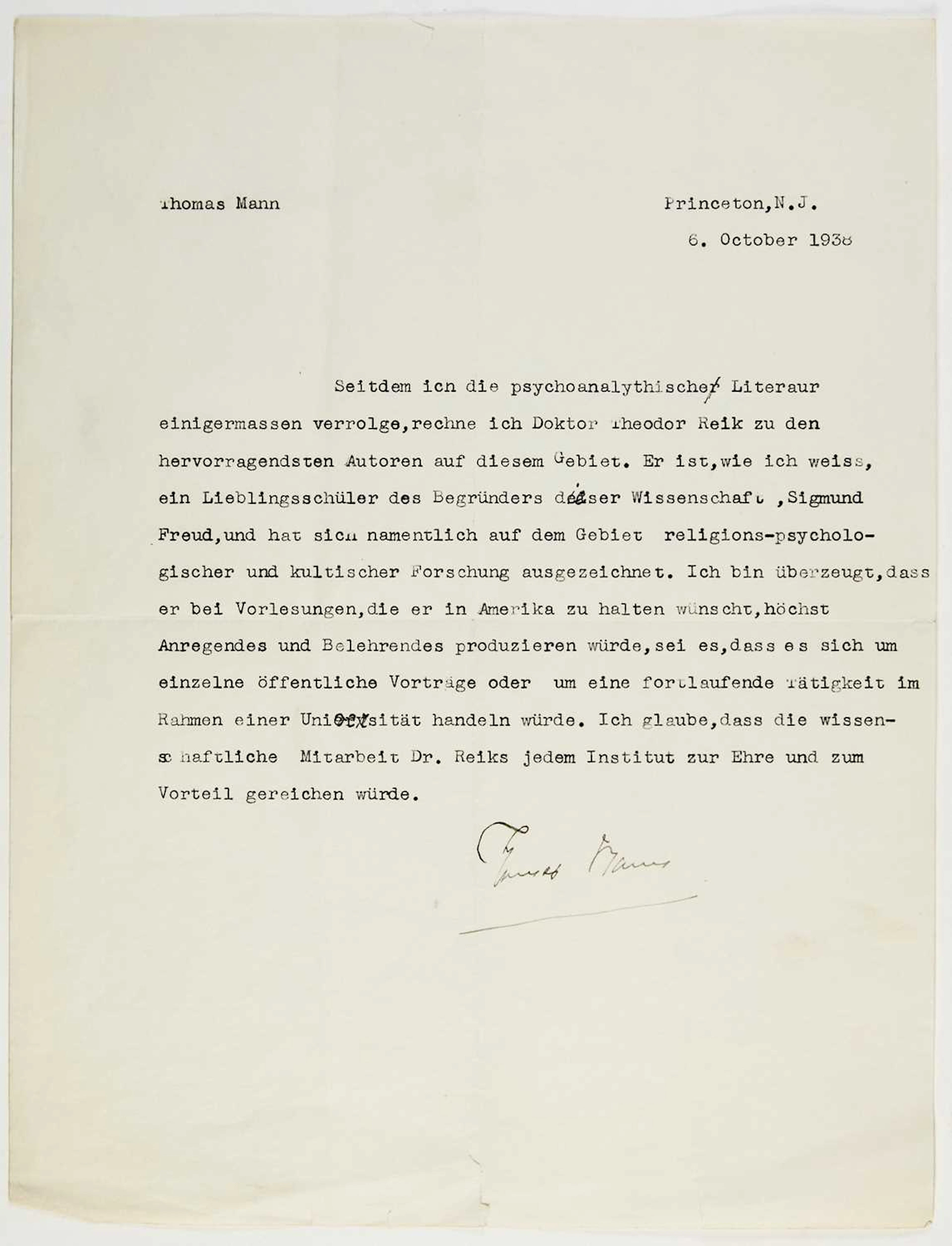 Thomas Mann writes a testimonial for Theodor Reik, the great psychoanalyst
