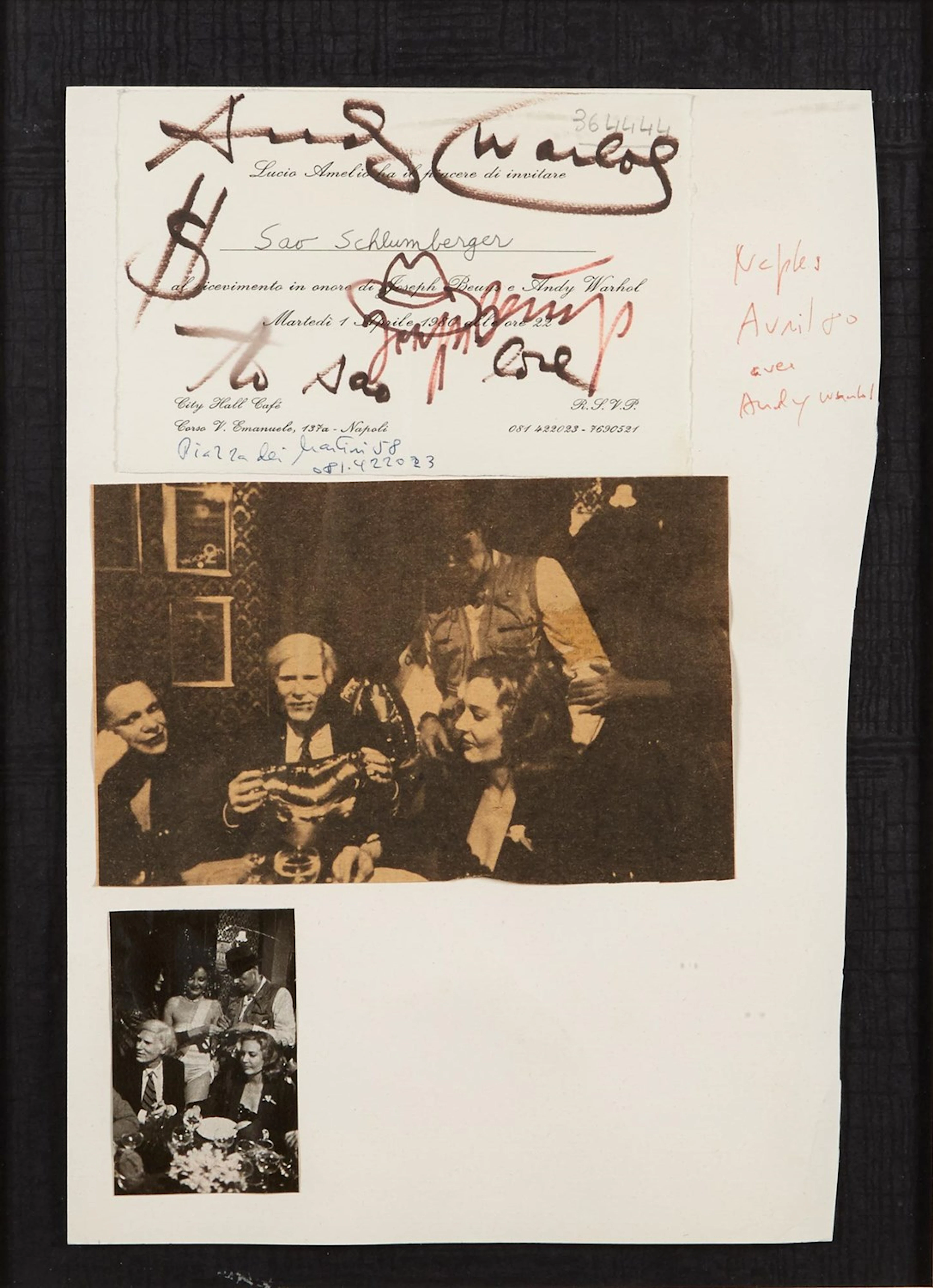 Signed by Joseph Beuys with a drawing of a hat, and by Andy Warhol
