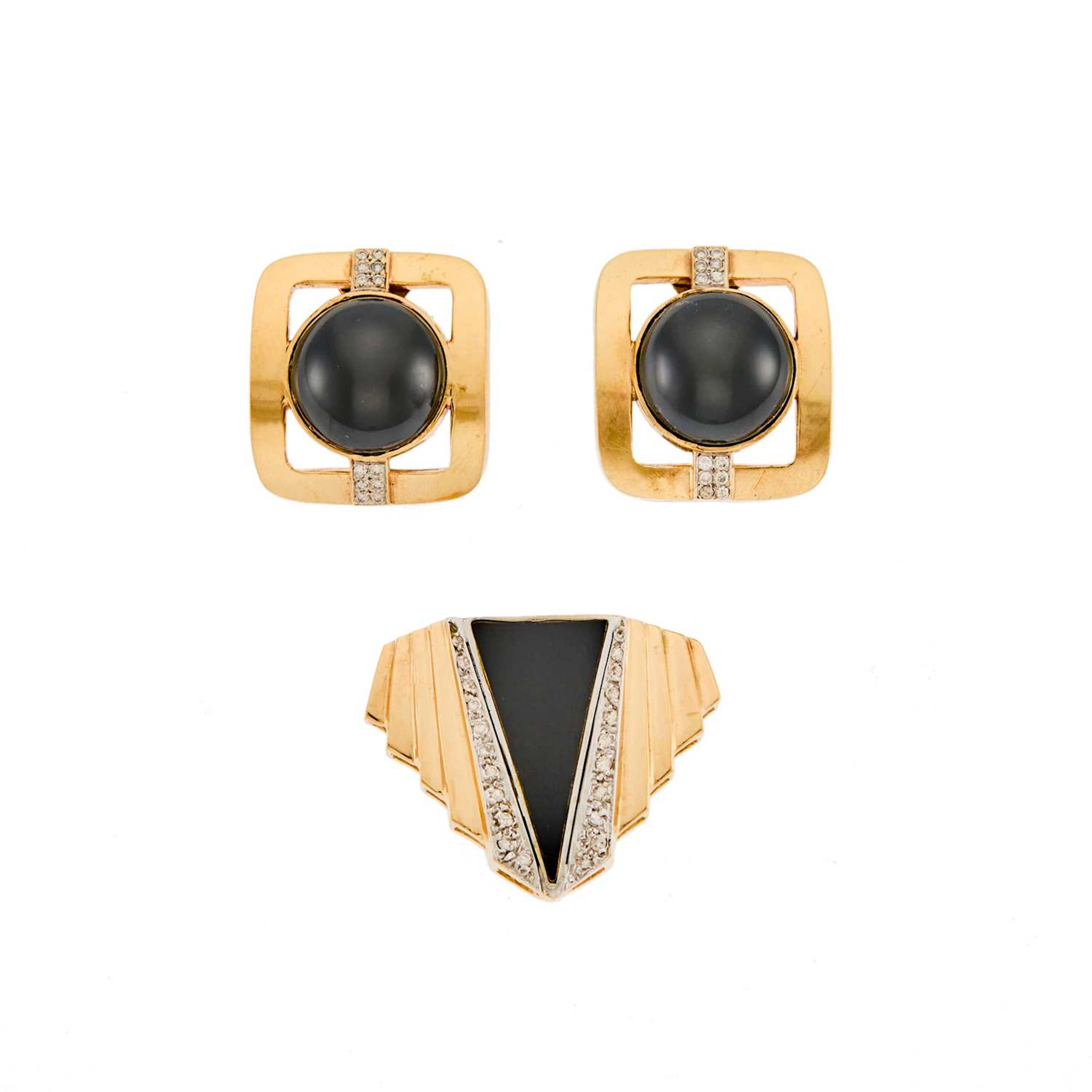 Pair of Gold, Black Onyx and Diamond Earrings and Gold and Palladium Enhancer
