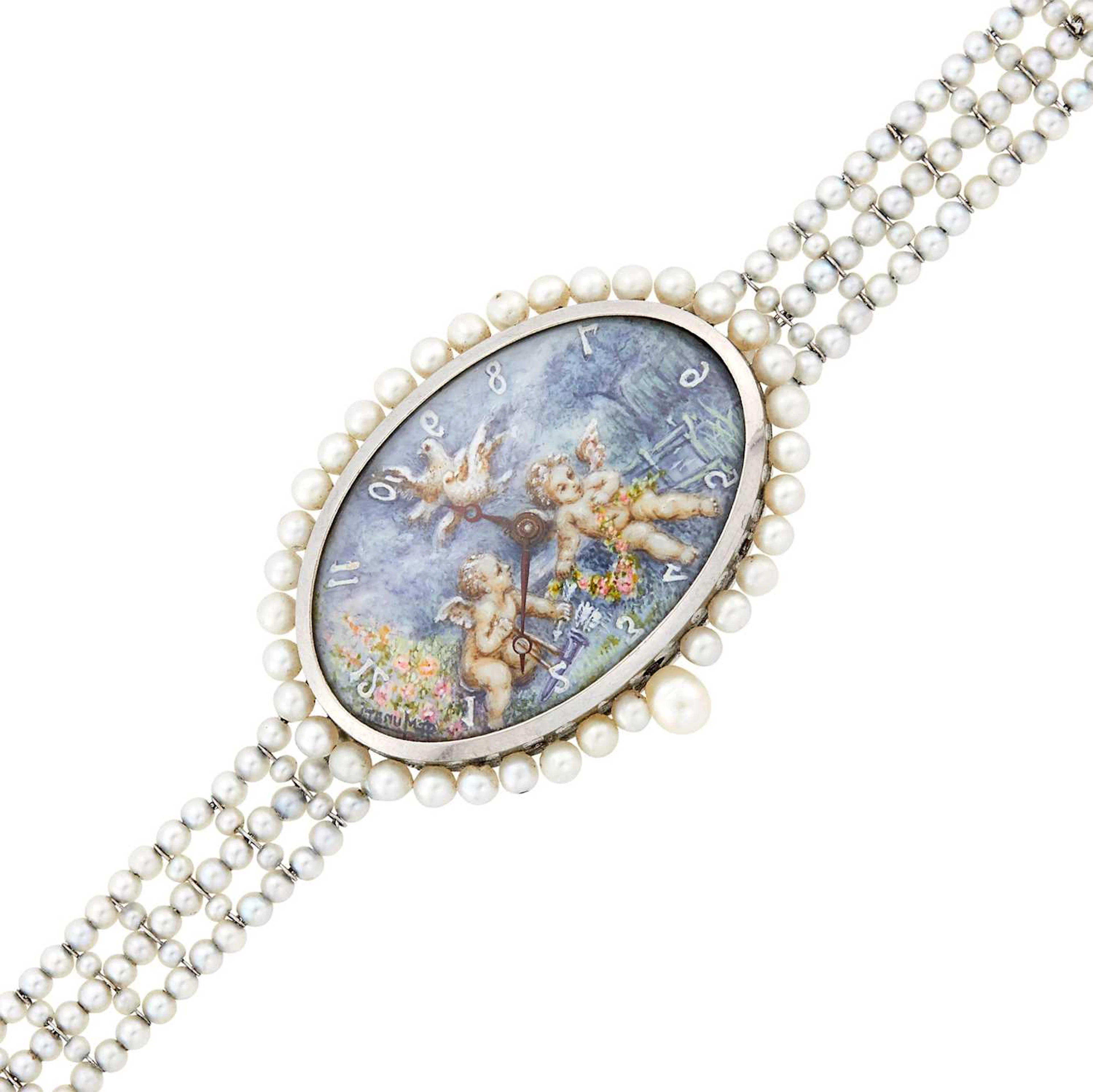 Belle Époque Platinum, Painted Scene and Seed Pearl Wristwatch, France