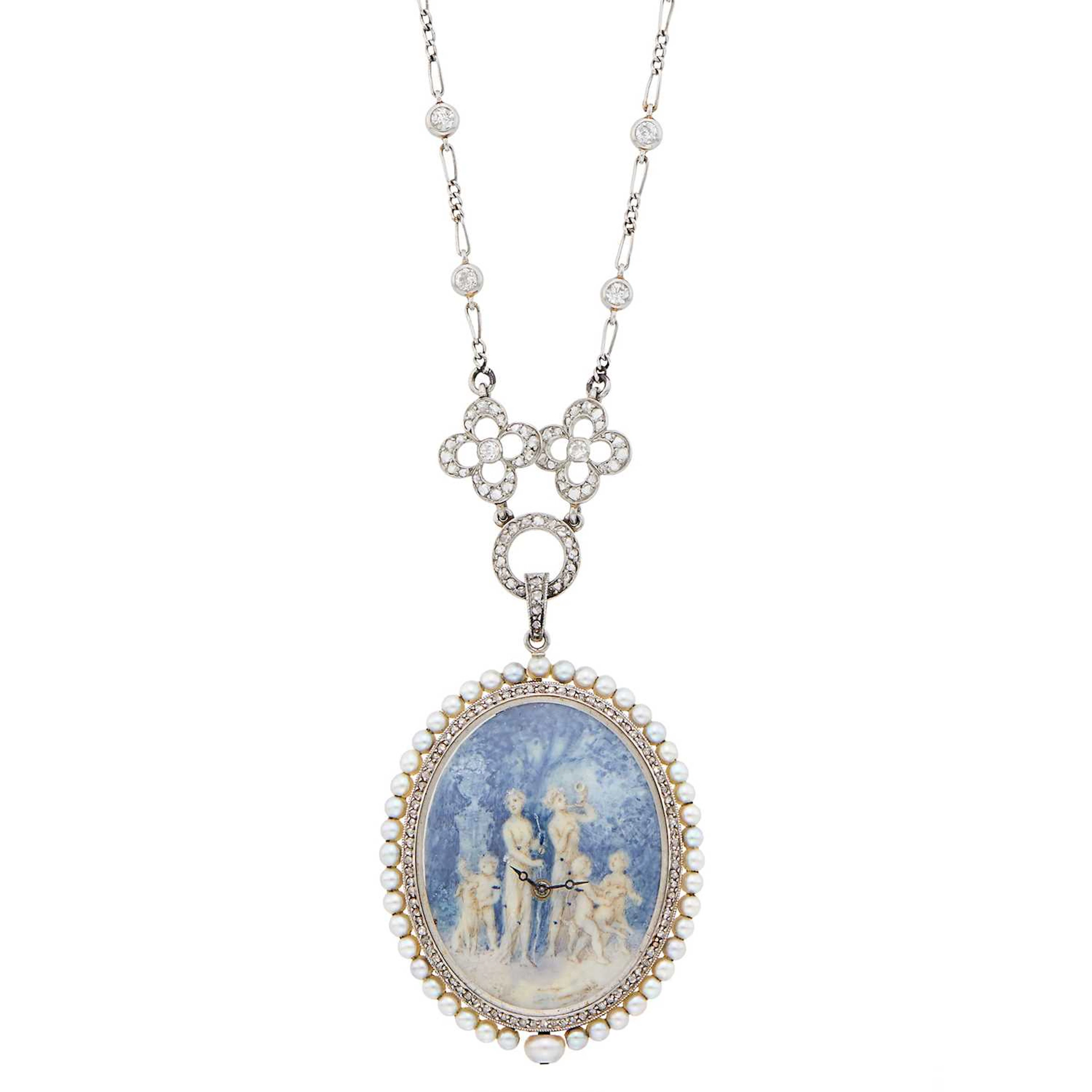 Belle Époque Platinum, Diamond and Pearl Painted Scene Pendant-Watch Necklace