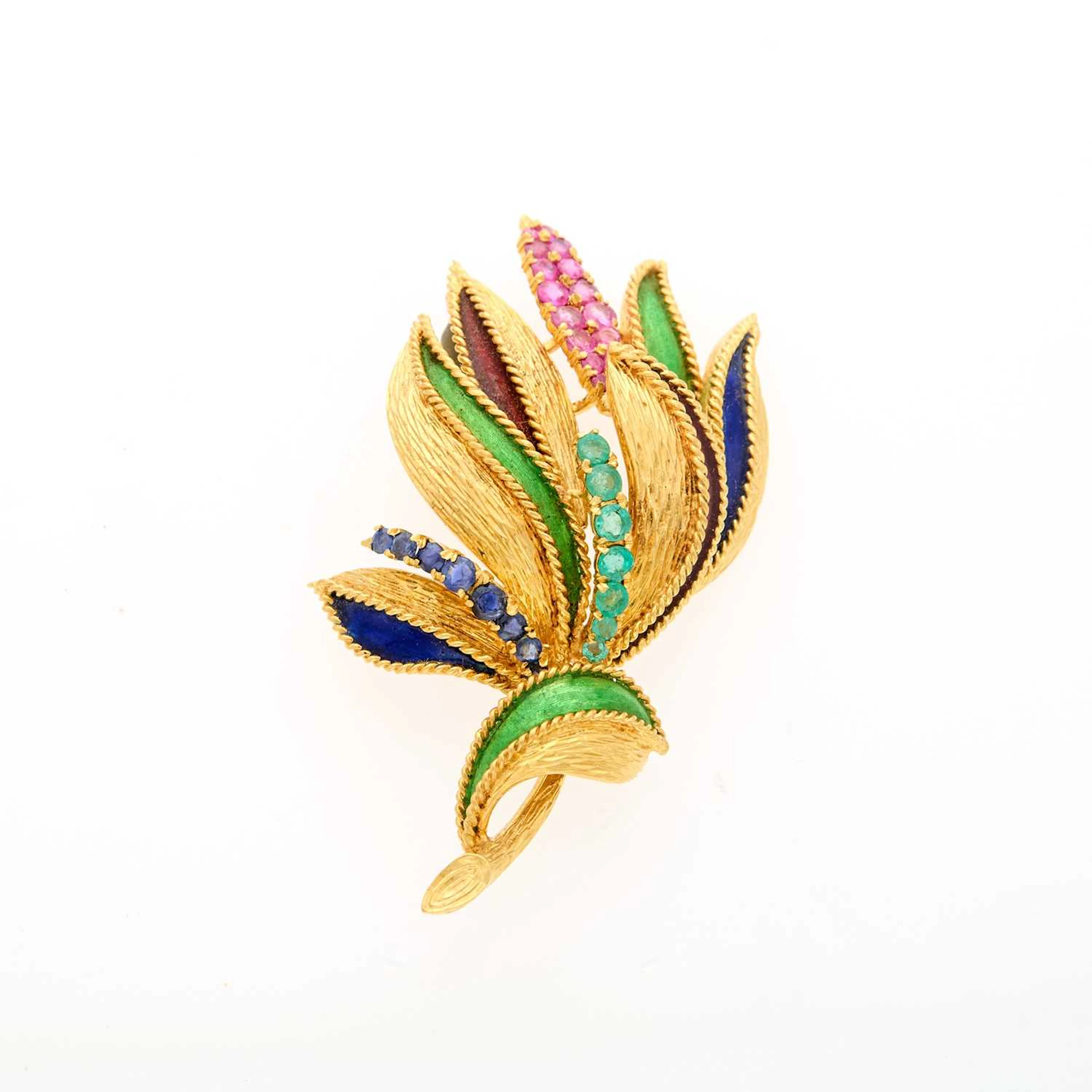 Gold, Enamel and Gem-Set Leaf Brooch