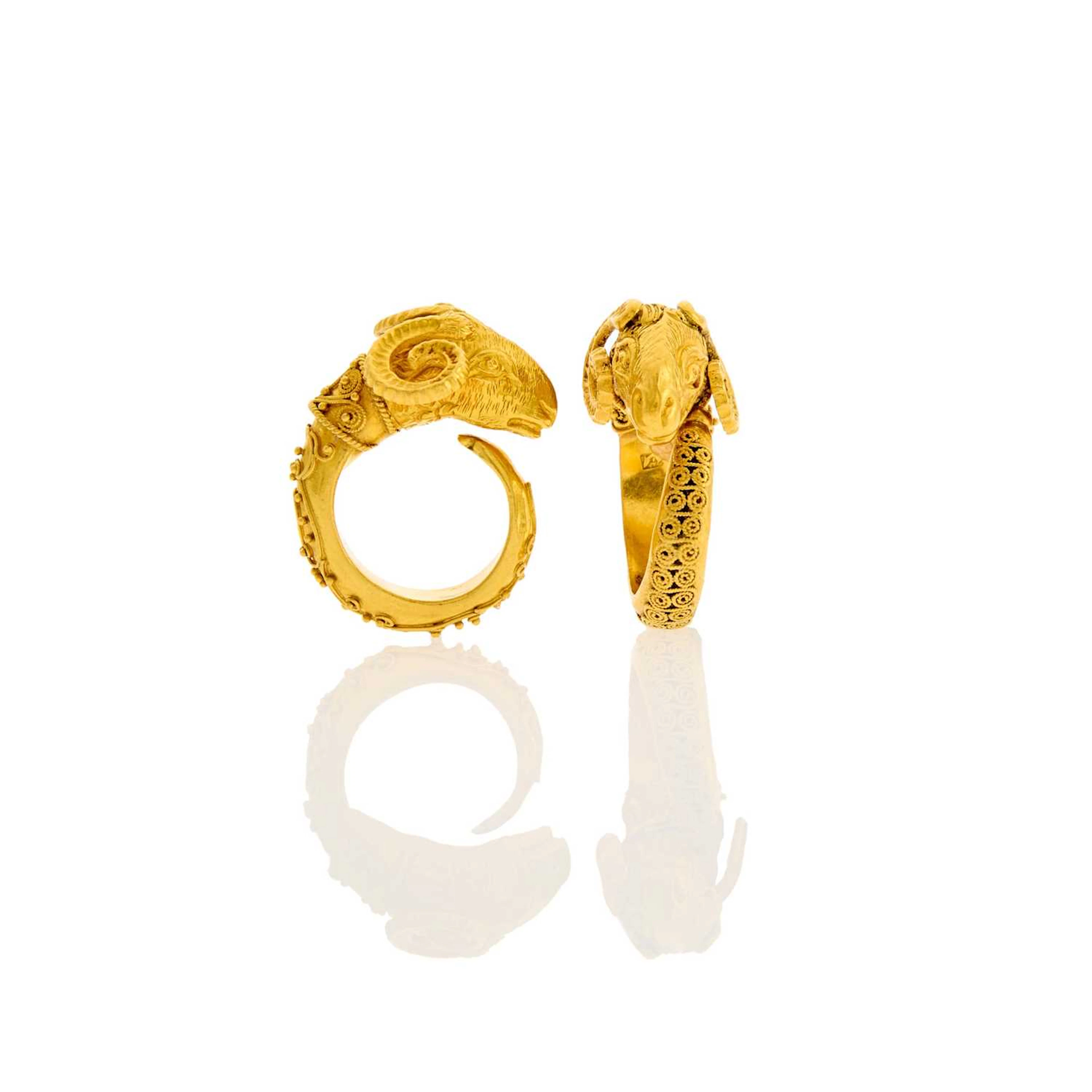 Two High Karat Gold Ram's Head Rings