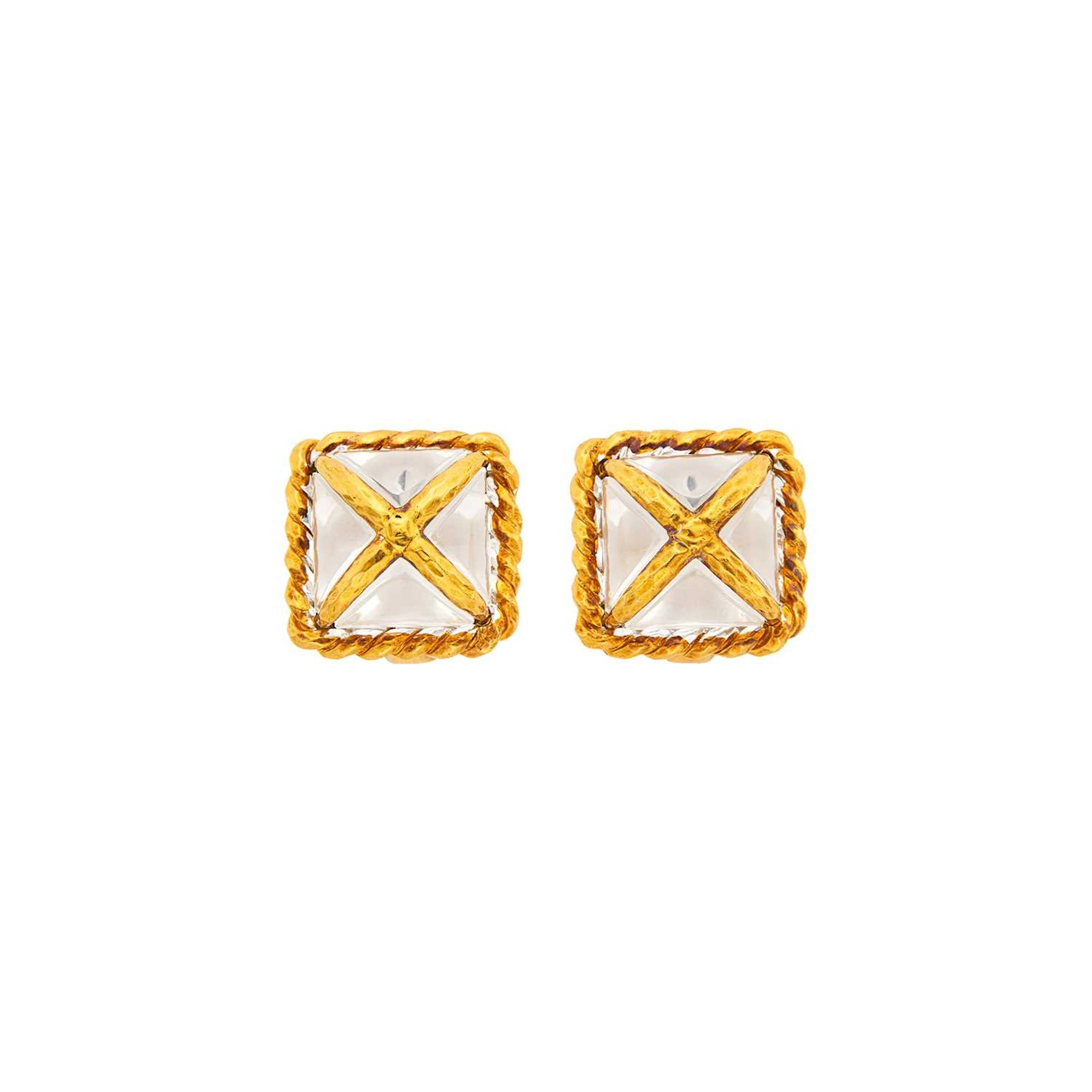 David Webb Pair of Gold and Rock Crystal Earclips