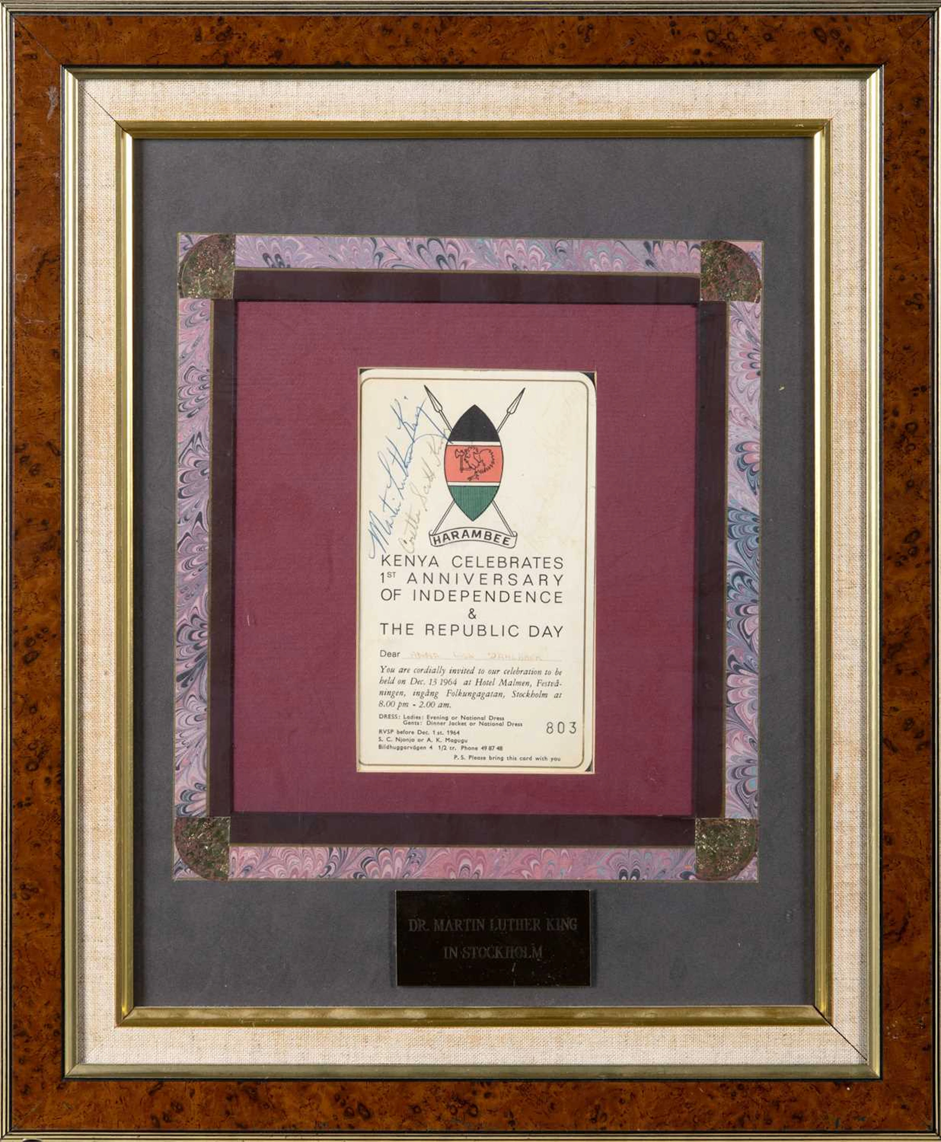 Signed by Martin Luther King while in Sweden to receive the Nobel Peace Prize