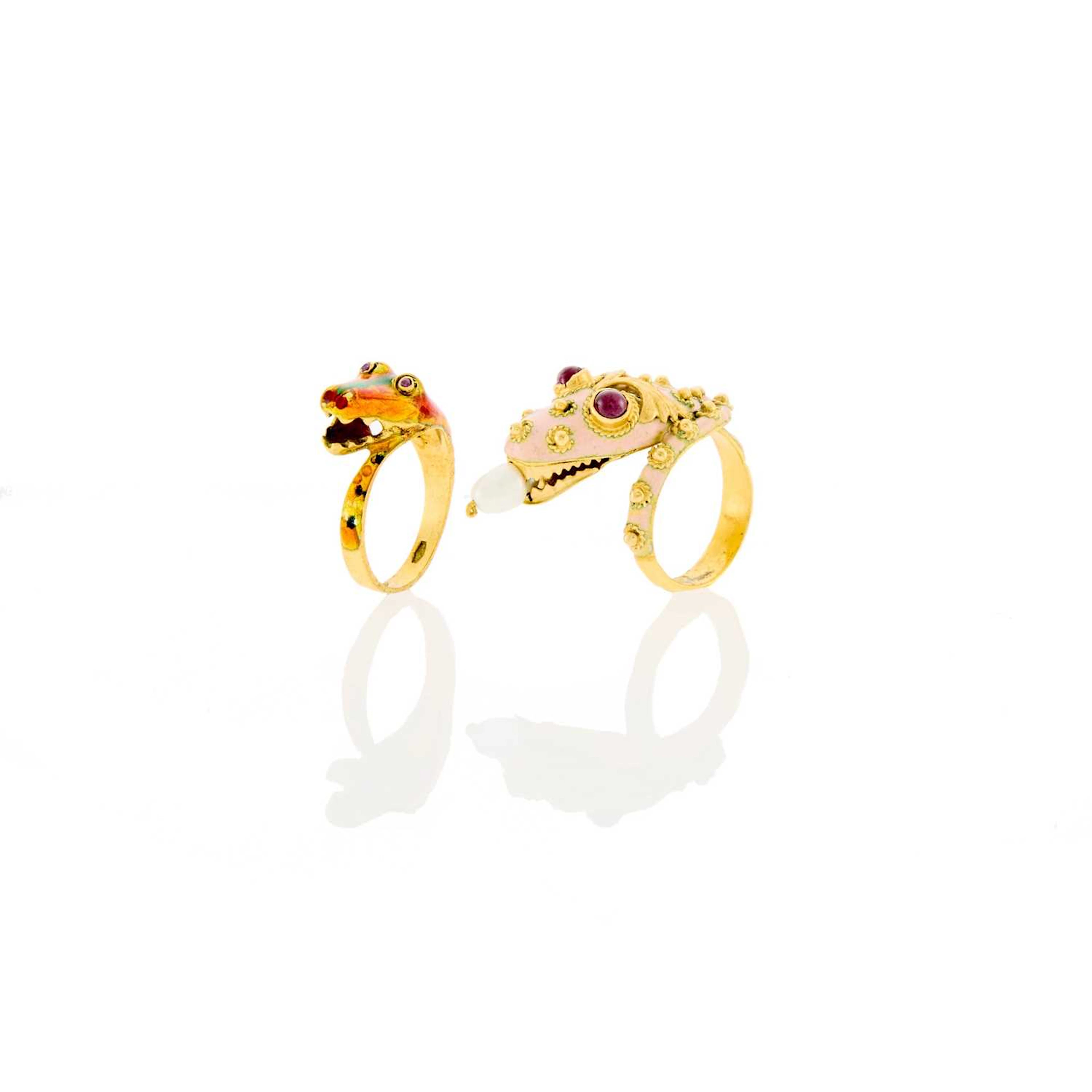 Two Gold, Multicolored Enamel and Gem-Set Snake Rings