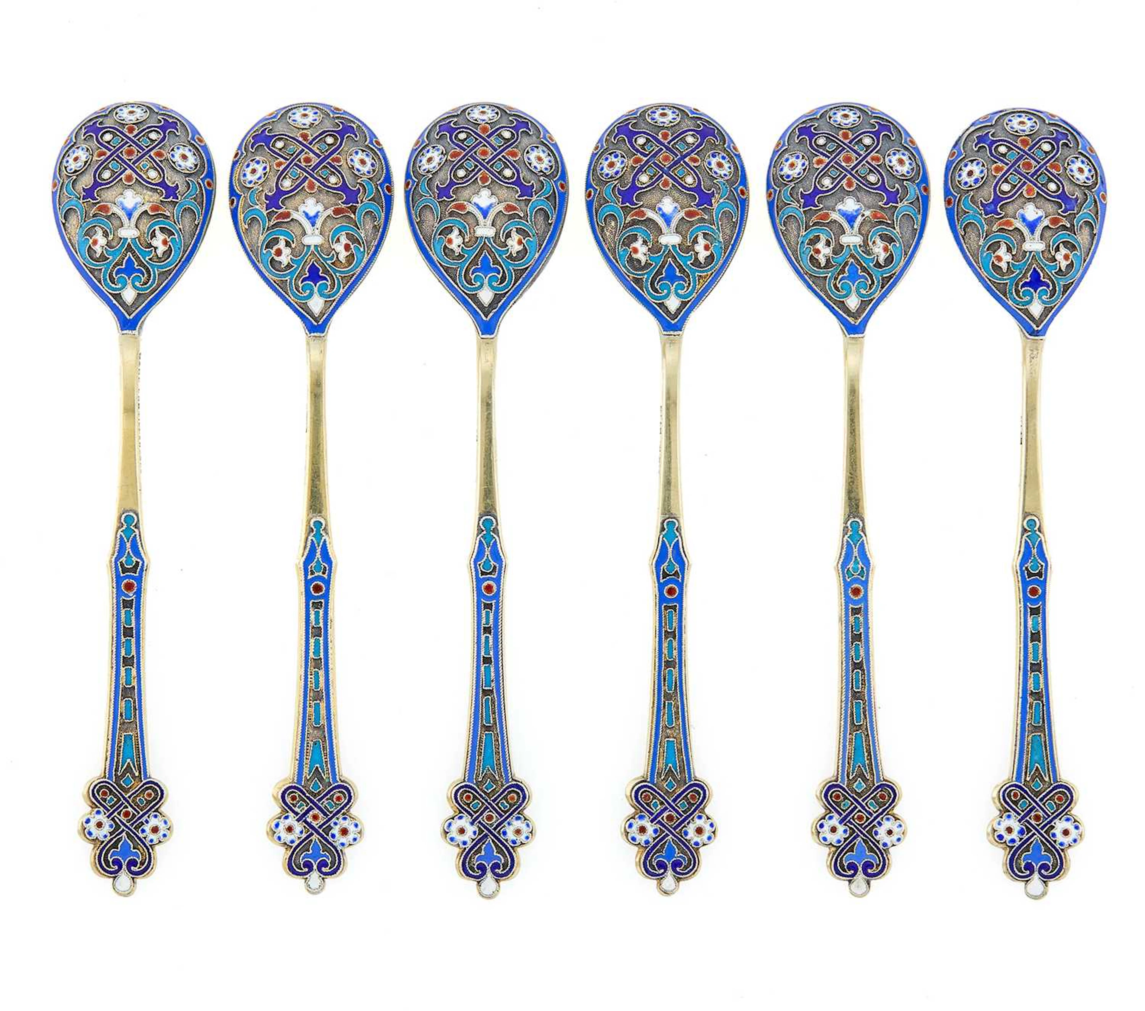 Set of Six Russian Silver and Cloisonné Enamel Teaspoons