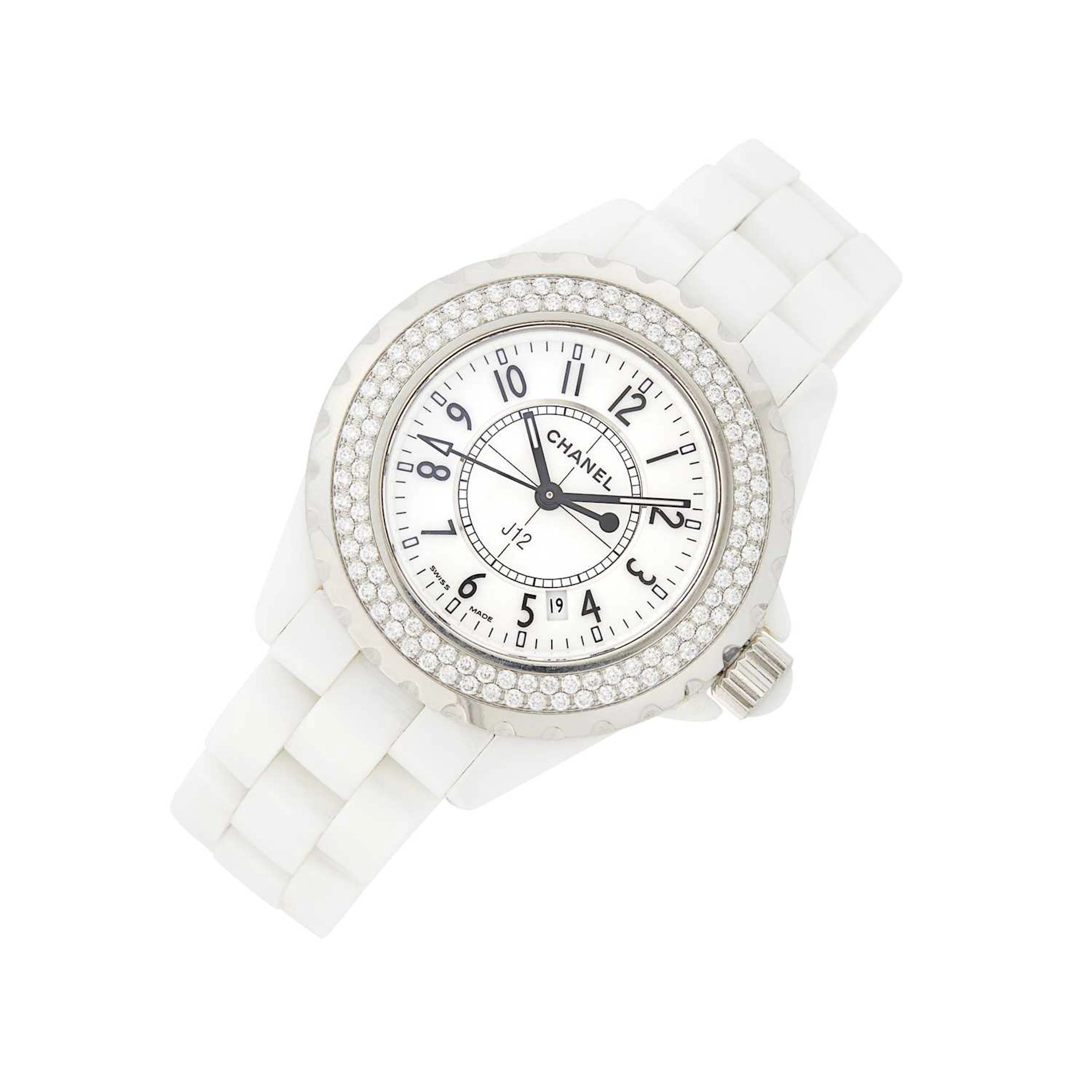 Chanel White Ceramic, Stainless Steel and Diamond 'J12' Wristwatch