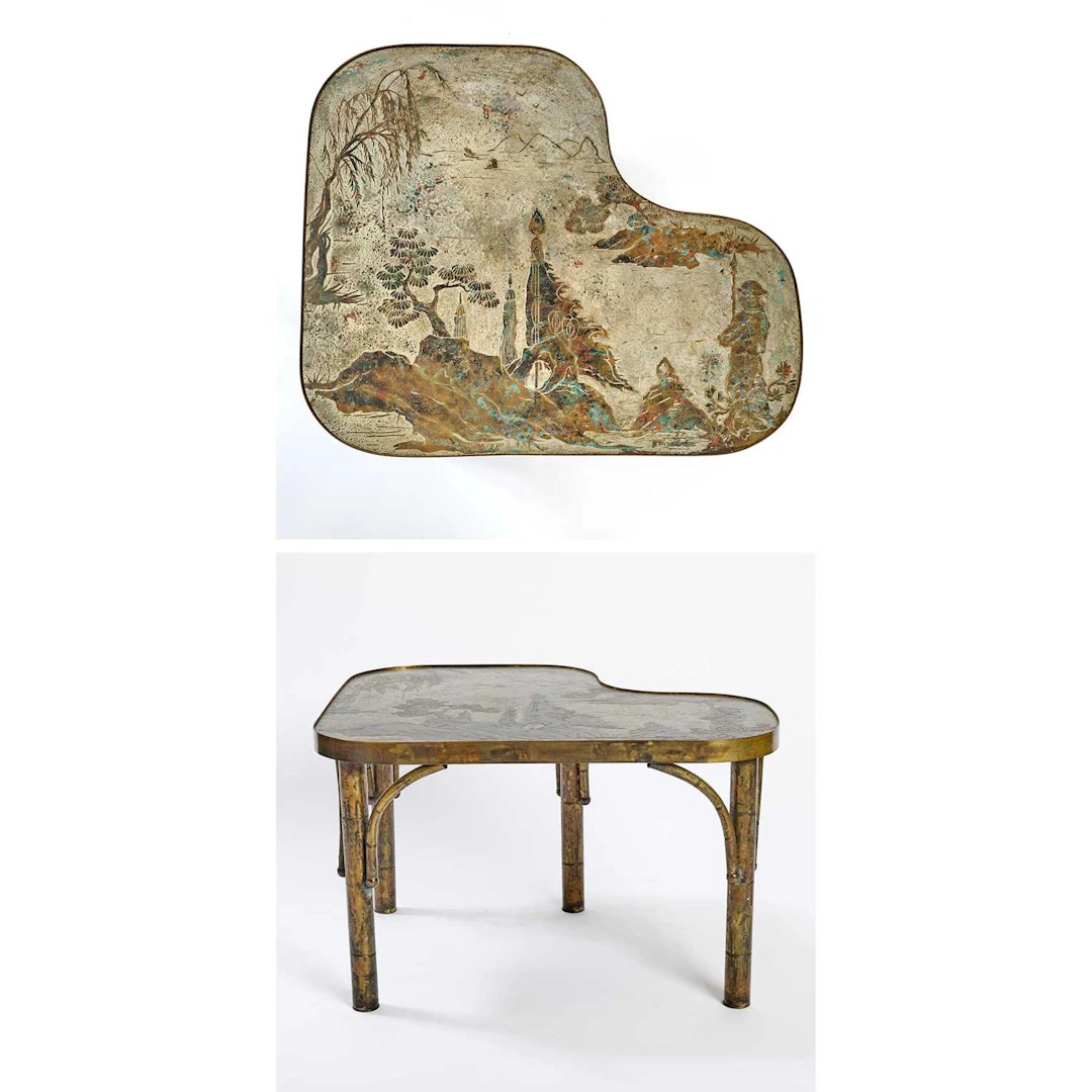 Philp and Kelvin LaVerne Patinated Bronze, Pewter and Enamel Side Table