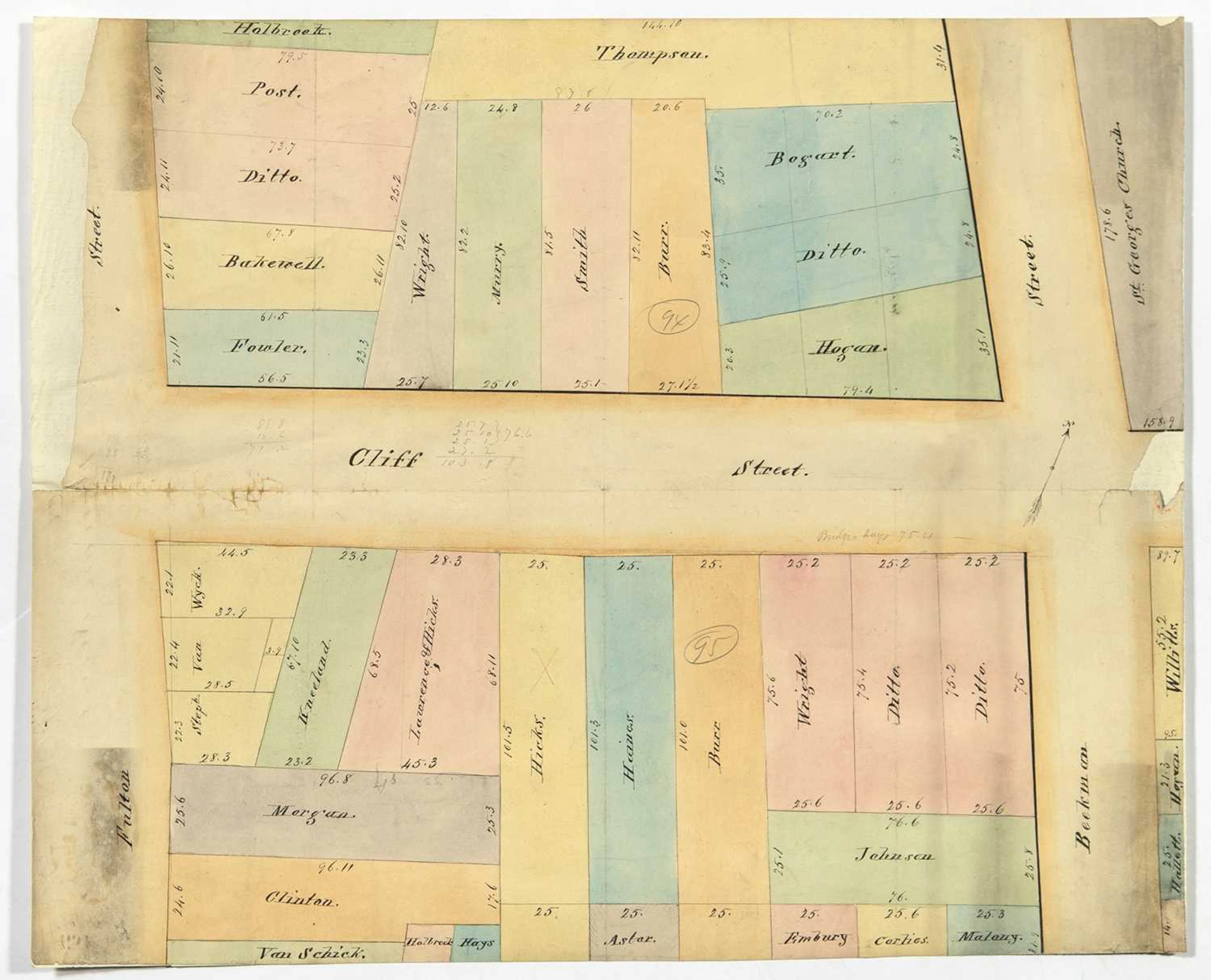 A colorful manuscript map of the Financial District
