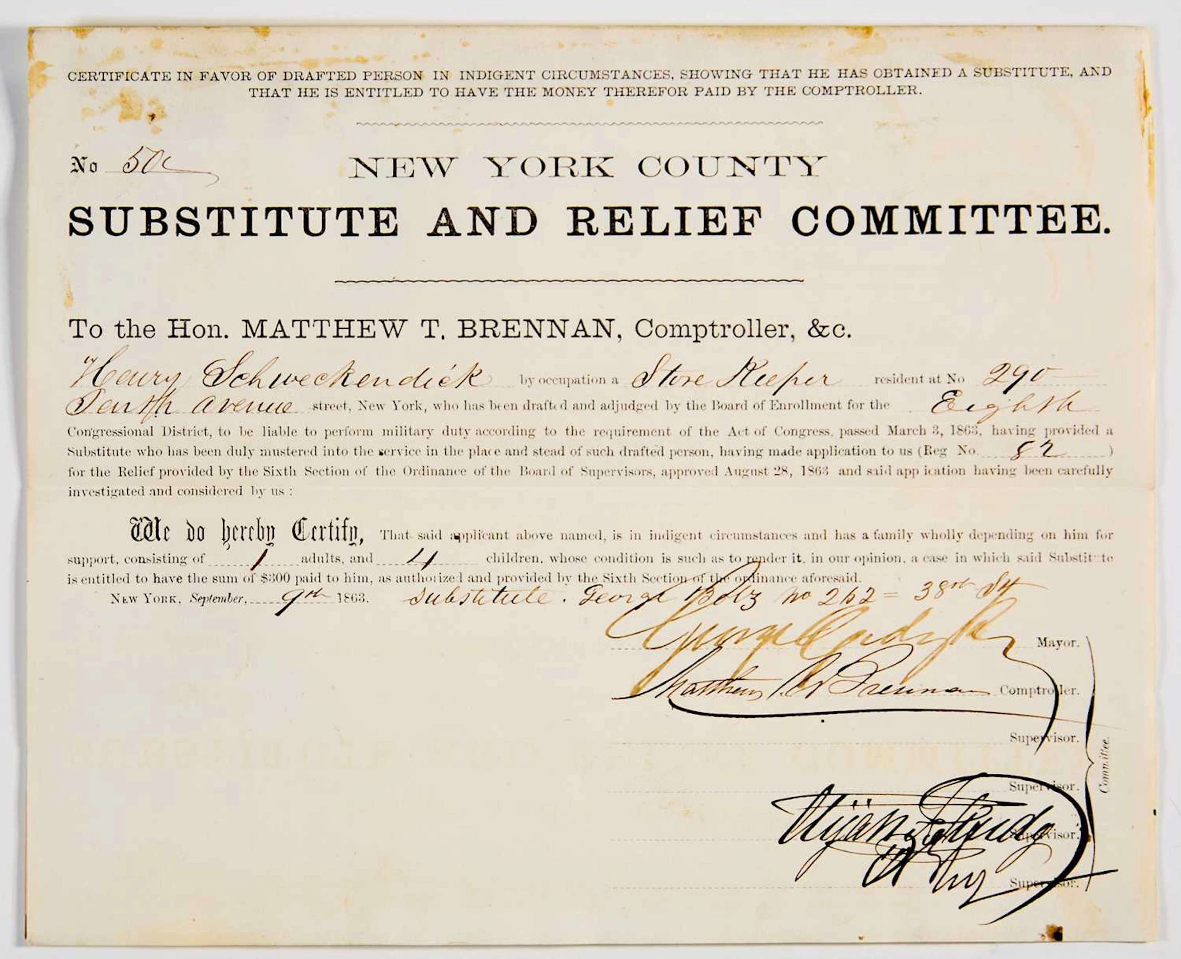 Civil War draft substitute document signed by William "Boss" Tweed