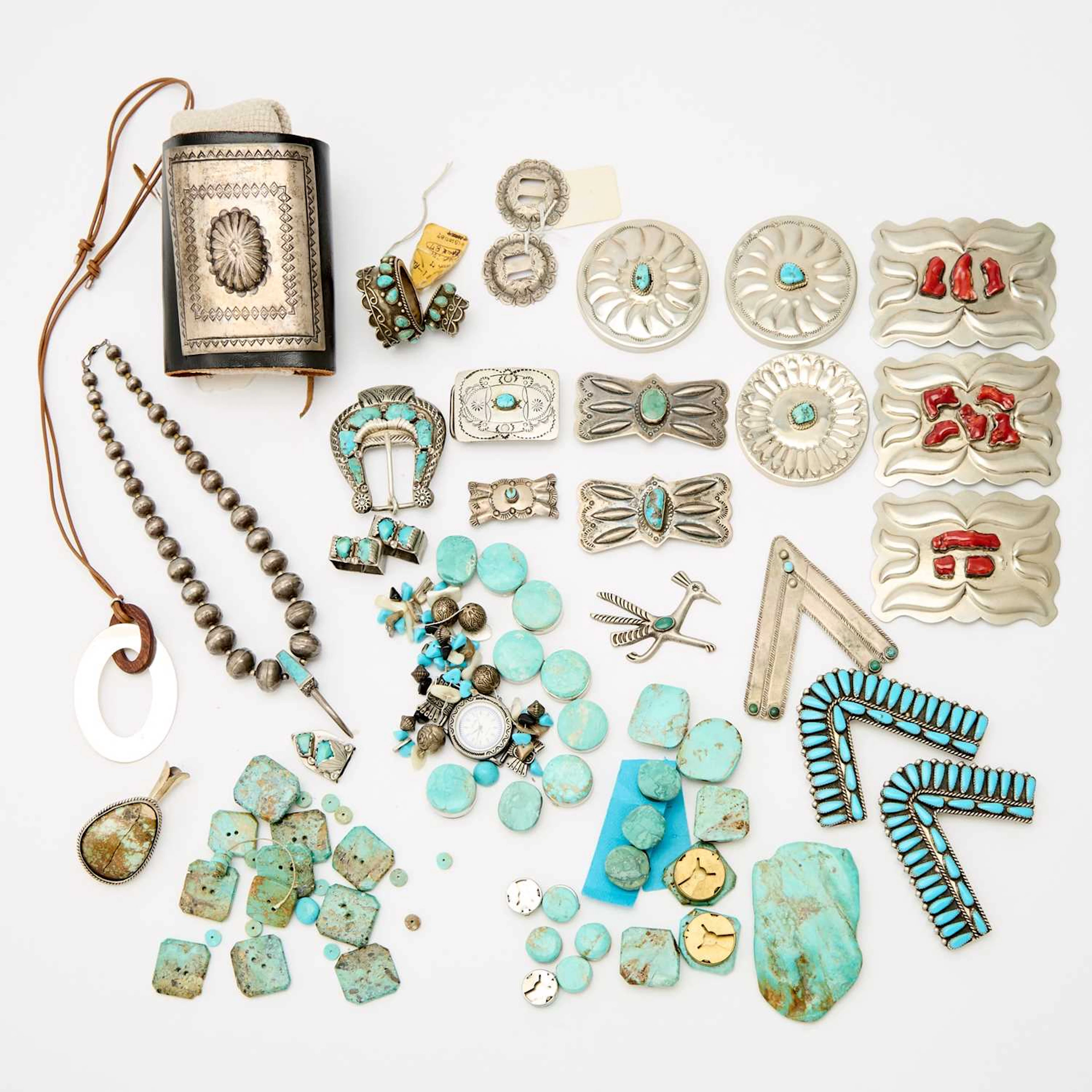 Group of Native American Turquoise and Silver Jewelry Elements