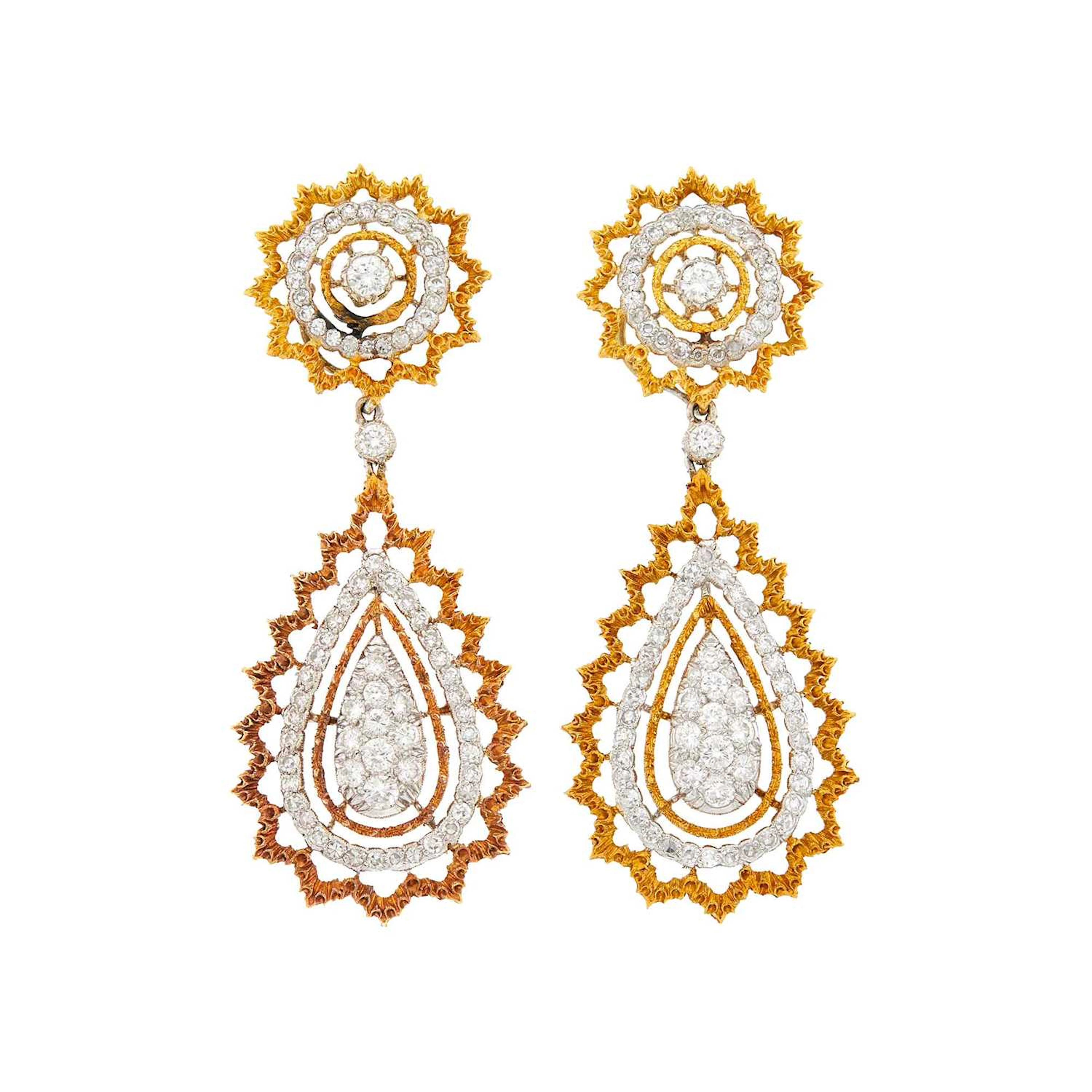 Buccellati Pair of Two-Color Gold and Diamond Pendant-Earrings and