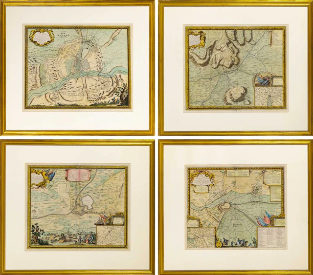 Four attractively colored Louis XIV era battle plans