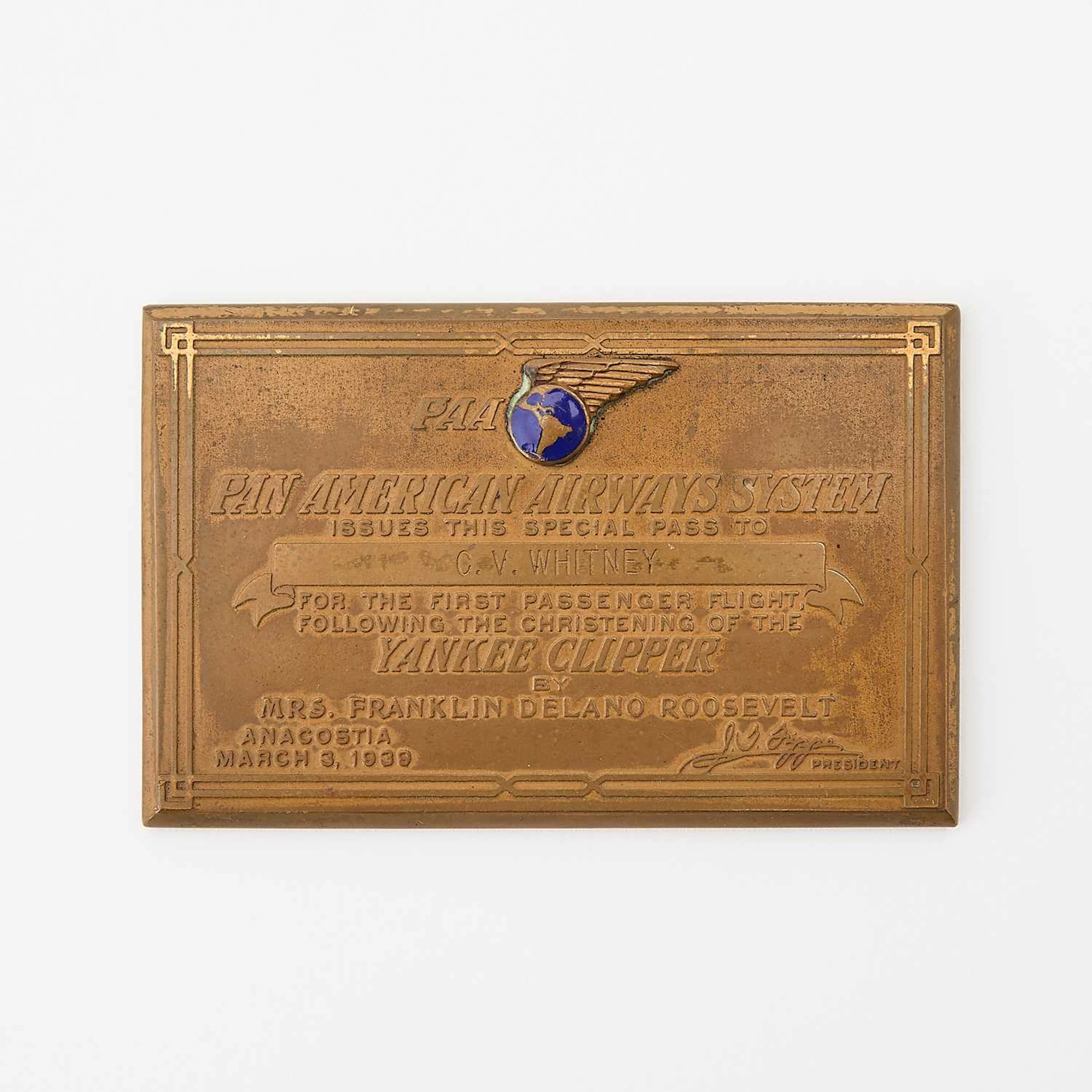 Engraved plaque from the dedication of the Yankee Clipper flying boat