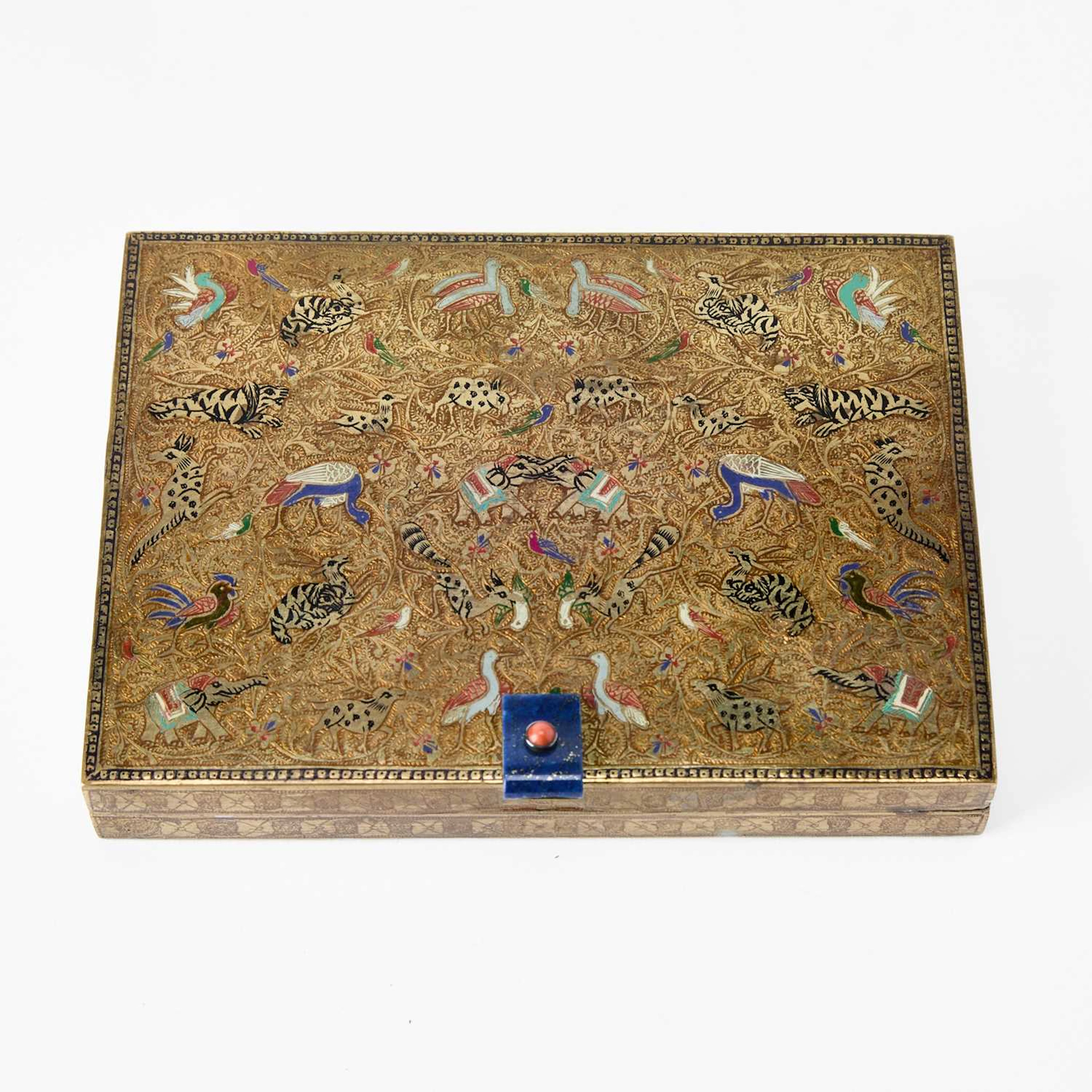 Cartier Art Deco Gilt and Enameled Metal, Lapis Lazuli and Coral Vanity Case