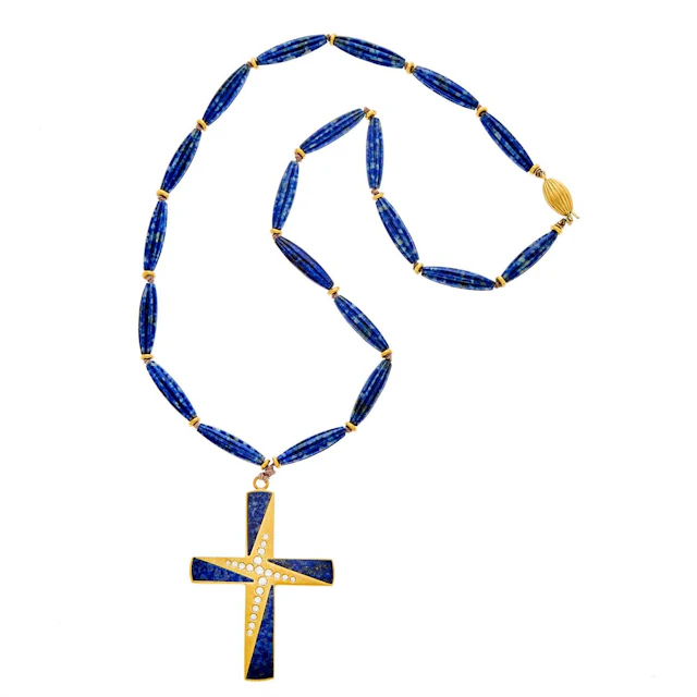Gold, Lapis and Diamond Cross Pendant with Lapis Bead Necklace