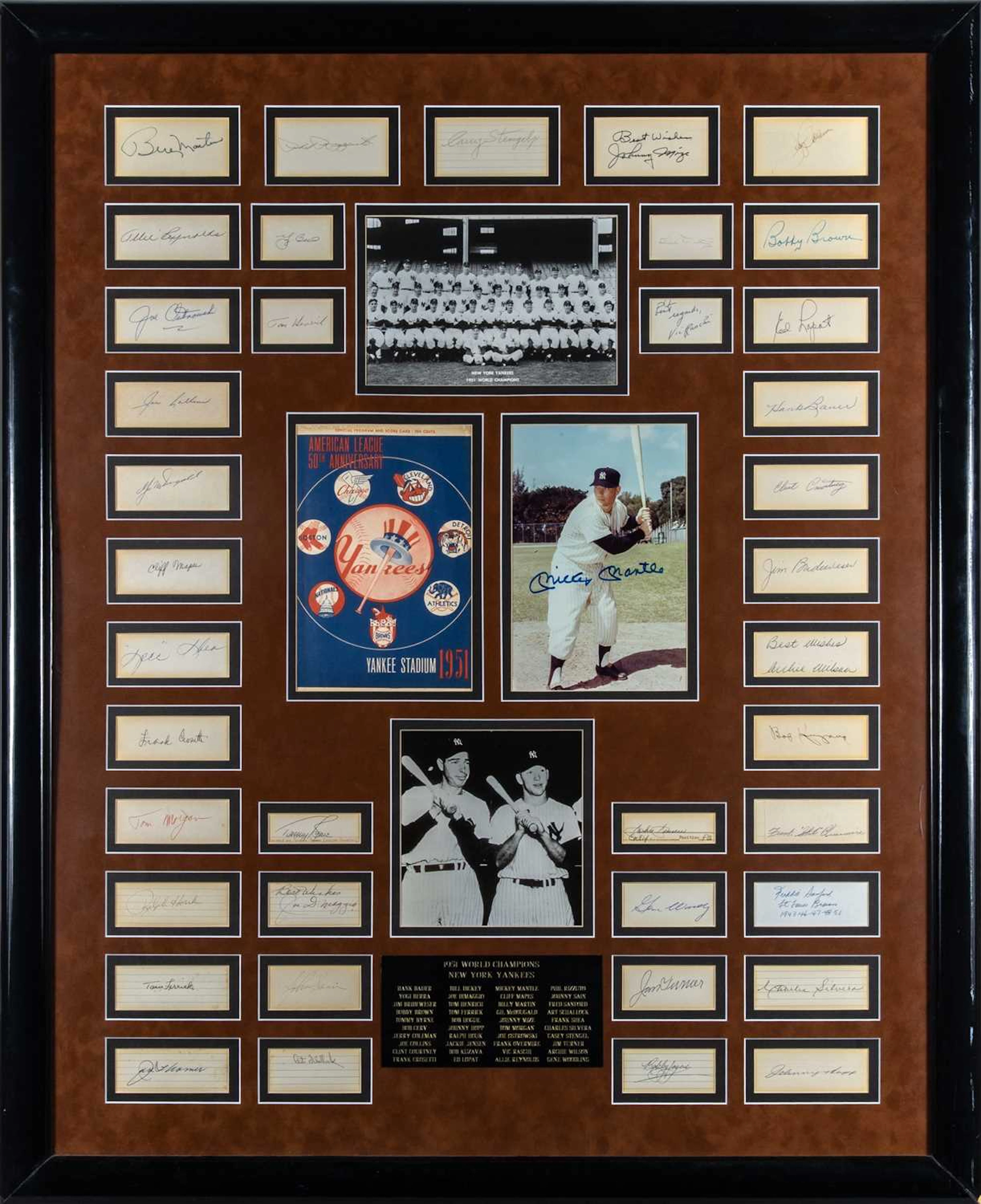 Signatures of the 1951 New York Yankees, including Mantle and DiMaggio