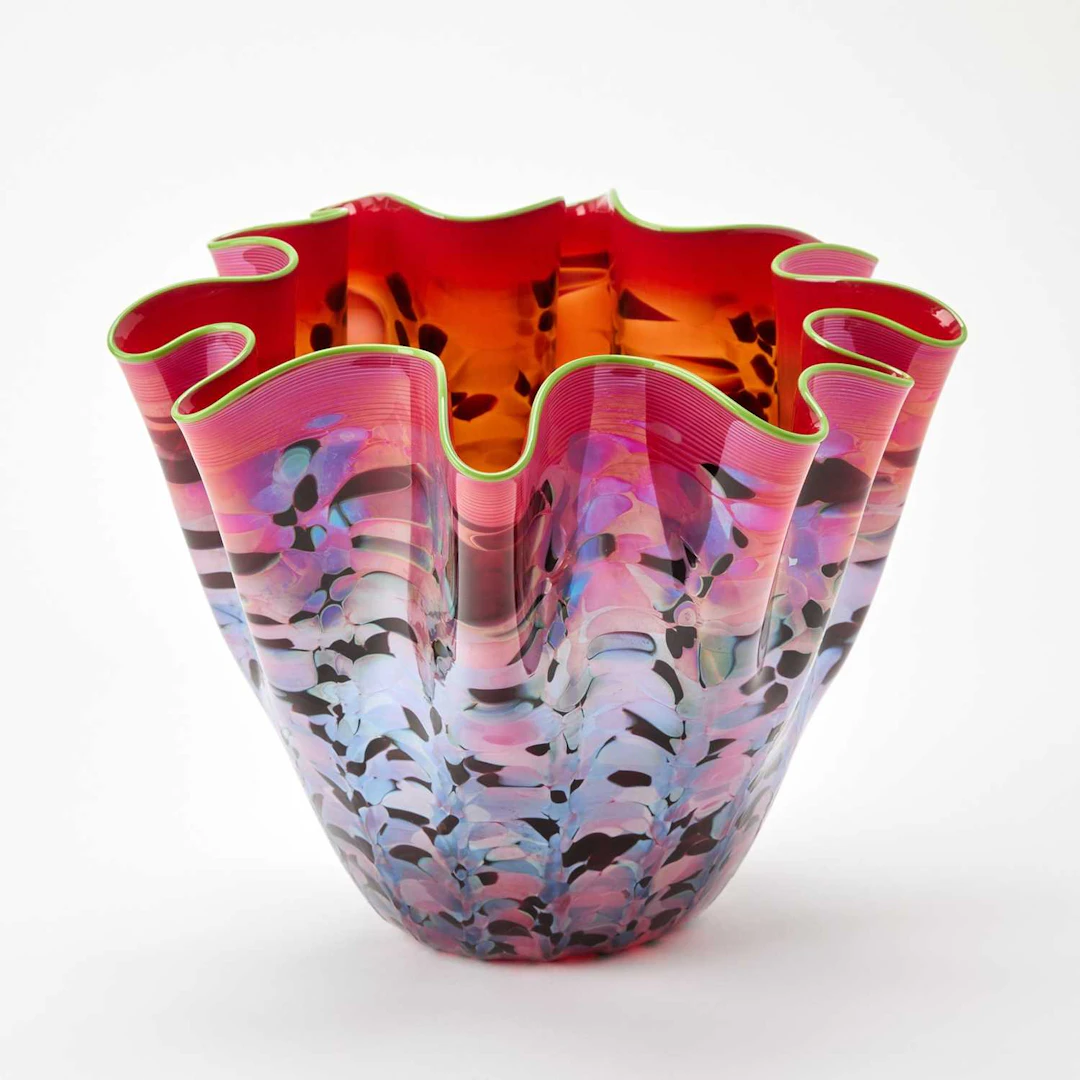 Dale Chihuly Hand-Blown Glass "Ruby" Macchia With Lime Green Lip Wrap