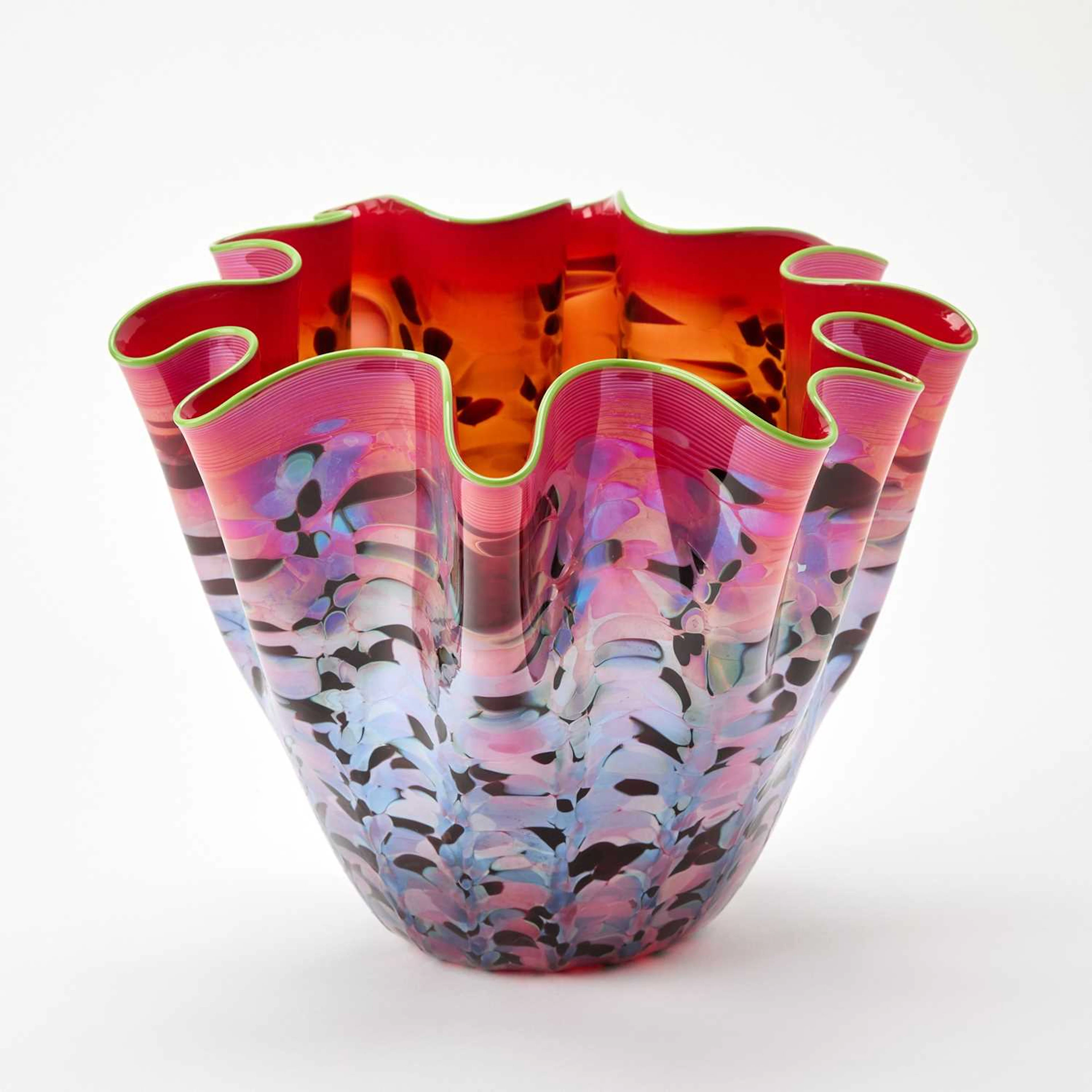 Dale Chihuly Hand-Blown Glass "Ruby" Macchia With Lime Green Lip Wrap